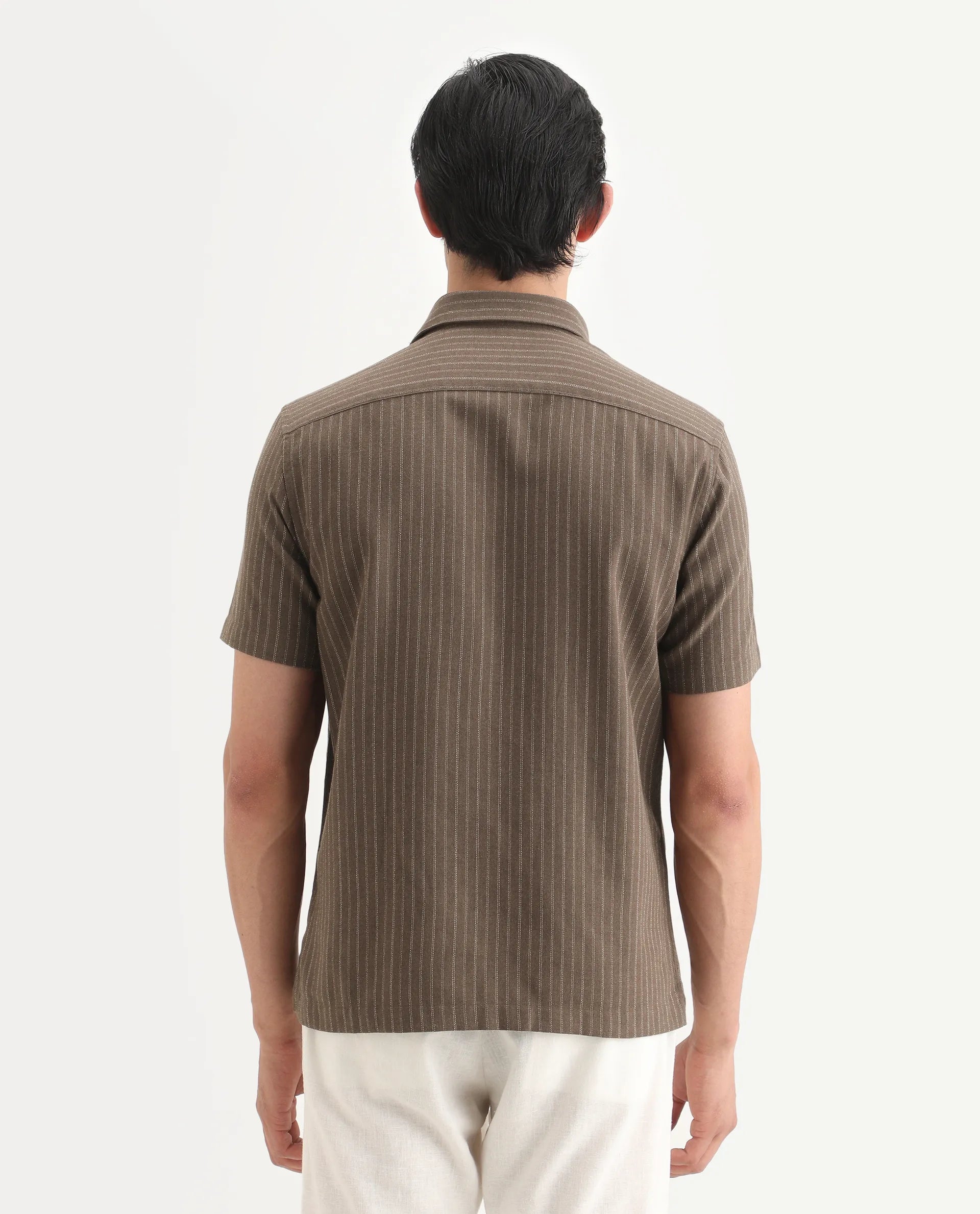 Rare Rabbit Men's Elkie Brown Cotton Blend Fabric Spread Collar Regular Striped Shirt