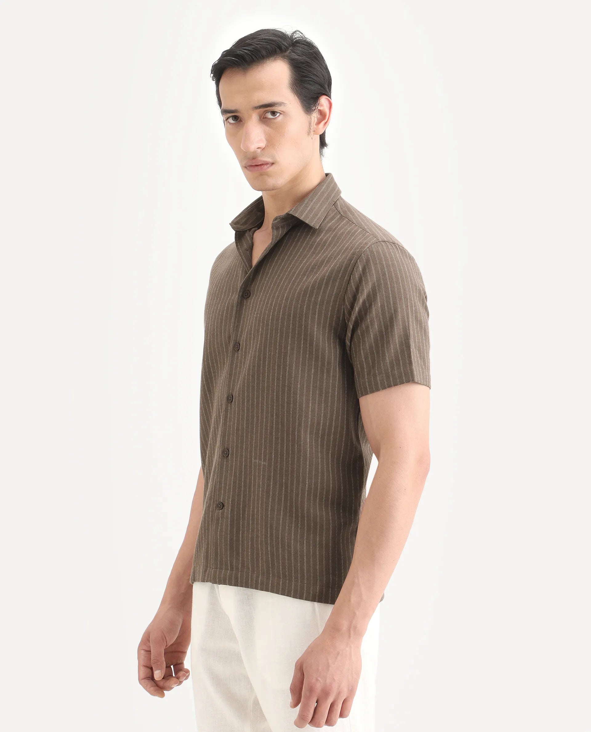 Rare Rabbit Men's Elkie Brown Cotton Blend Fabric Spread Collar Regular Striped Shirt