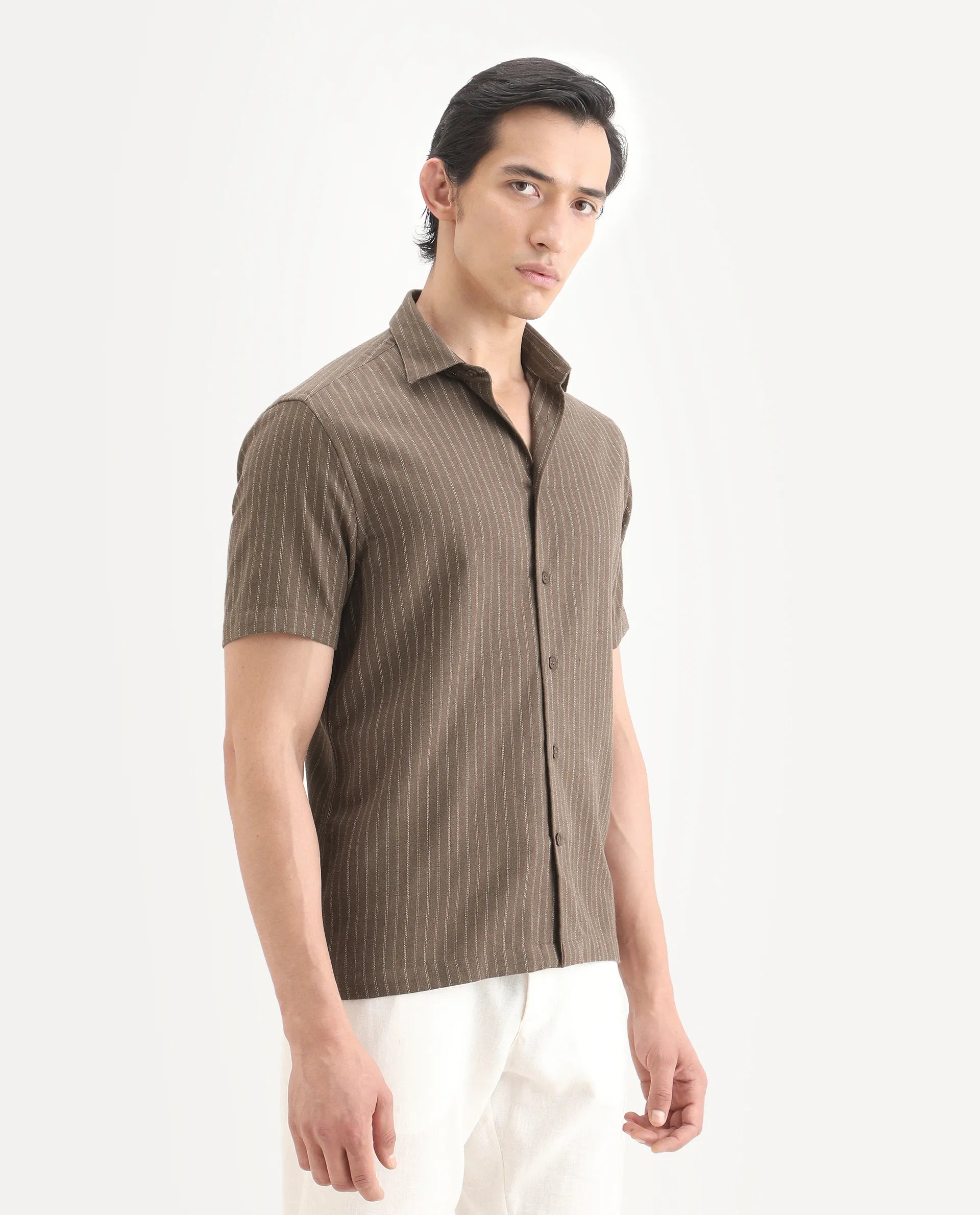 Rare Rabbit Men's Elkie Brown Cotton Blend Fabric Spread Collar Regular Striped Shirt