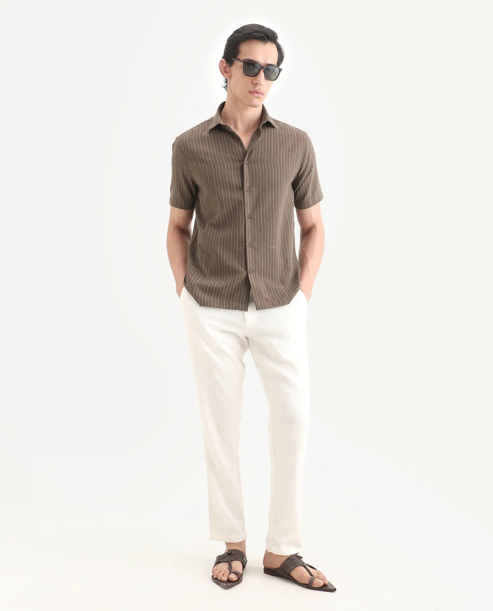 Rare Rabbit Men's Elkie Brown Cotton Blend Fabric Spread Collar Regular Striped Shirt