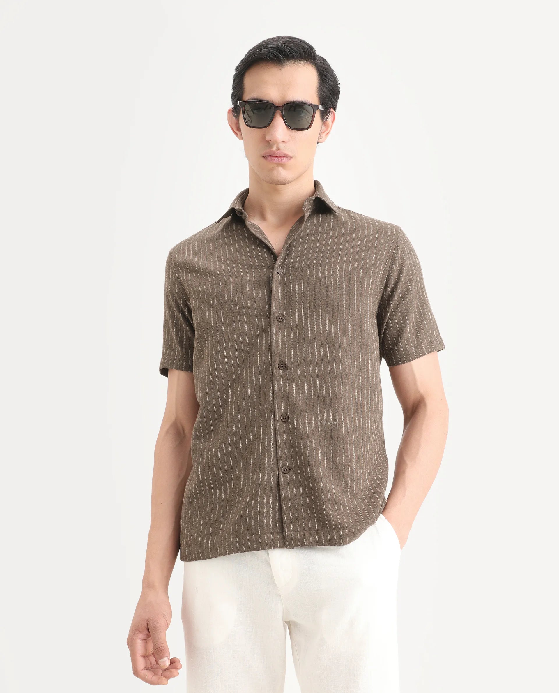 Rare Rabbit Men's Elkie Brown Cotton Blend Fabric Spread Collar Regular Striped Shirt