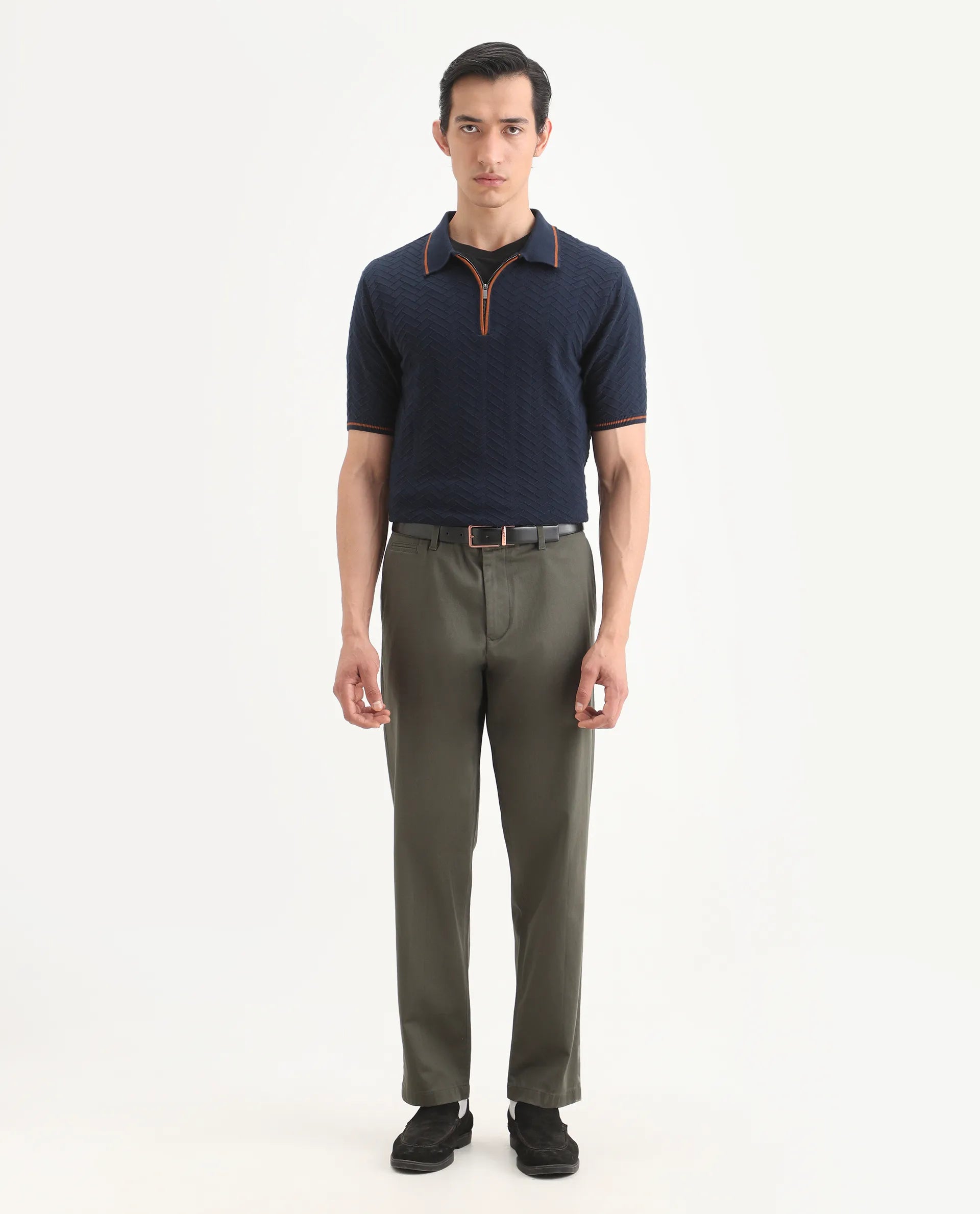 Rare Rabbit Men's Parga Olive Cotton Blend Fabric Regular Fit Plain Trouser