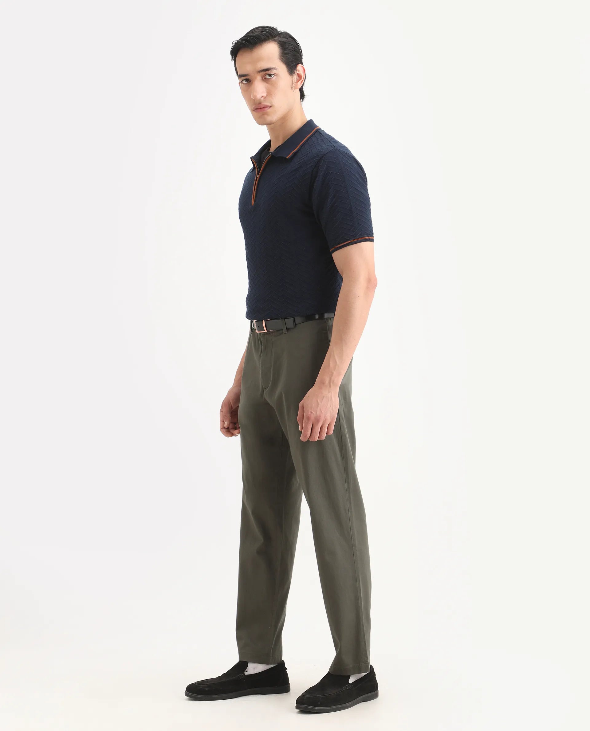 Rare Rabbit Men's Parga Olive Cotton Blend Fabric Regular Fit Plain Trouser