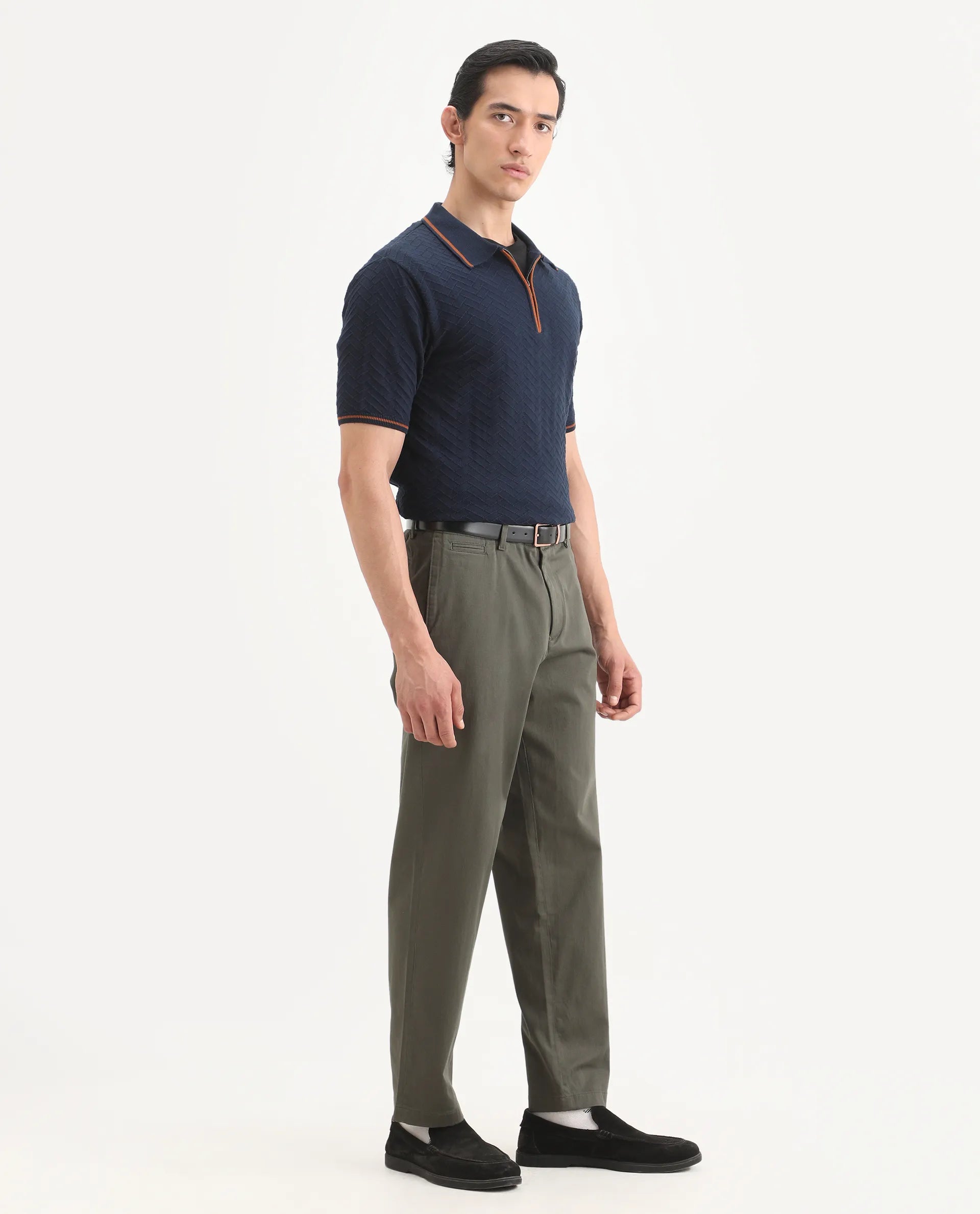 Rare Rabbit Men's Parga Olive Cotton Blend Fabric Regular Fit Plain Trouser