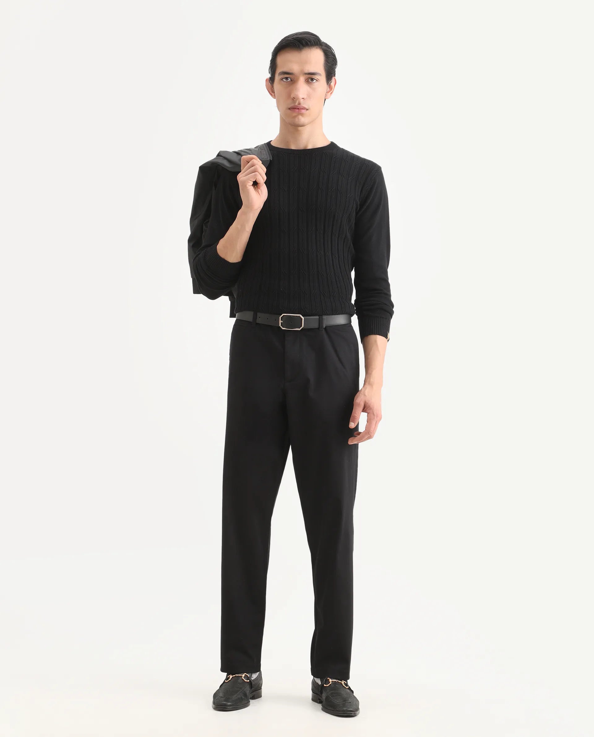 Rare Rabbit Men's Parga Black Cotton Blend Fabric Regular Fit Plain Trouser