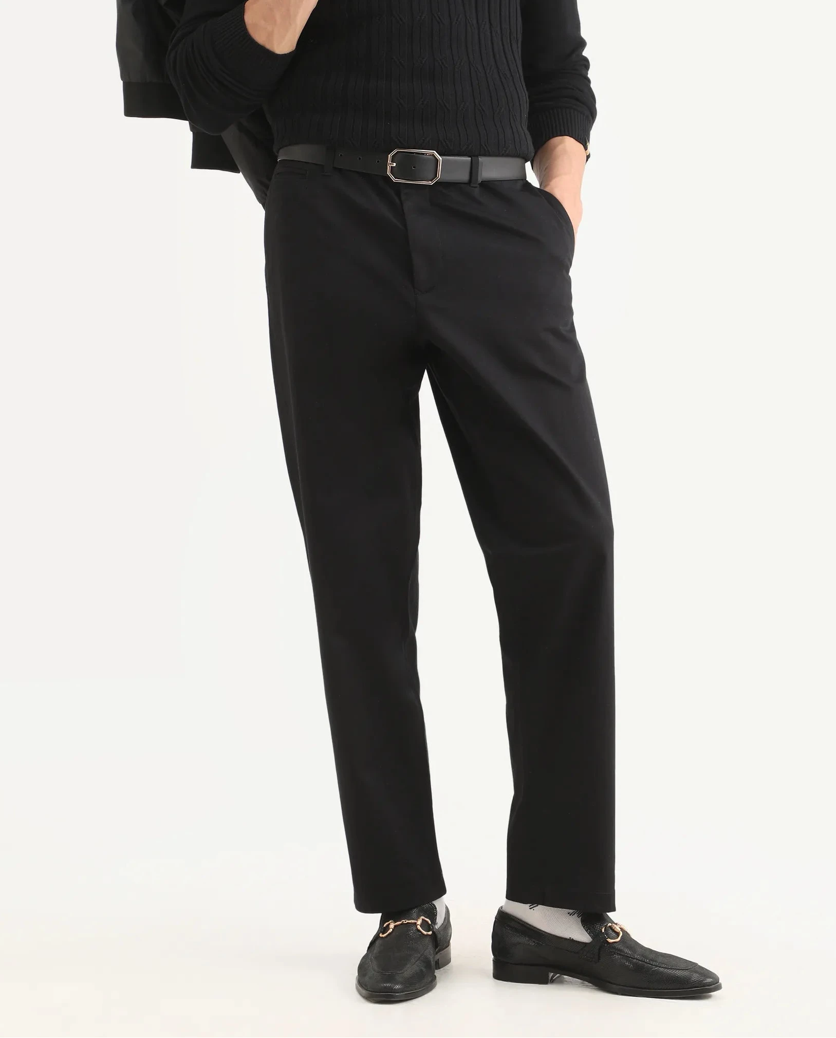 Rare Rabbit Men's Parga Black Cotton Blend Fabric Regular Fit Plain Trouser