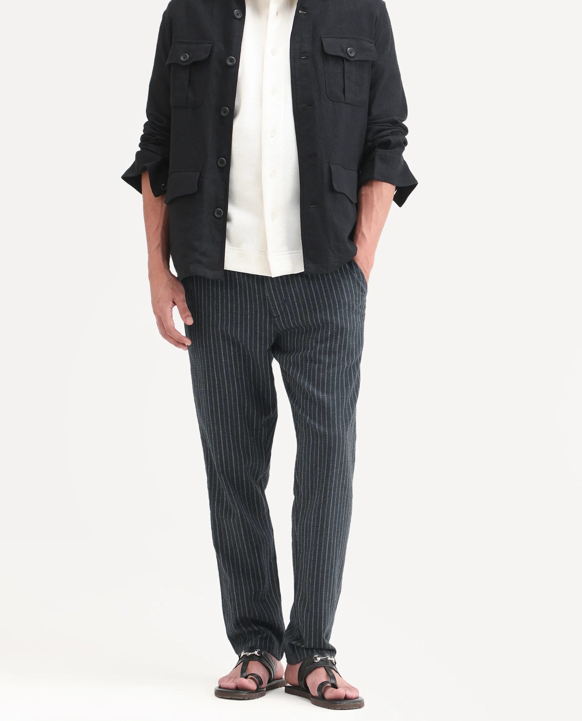 Rare Rabbit Men's Elkie-B Dark Grey Cotton Blend Fabric Straight Fit Striped Trouser