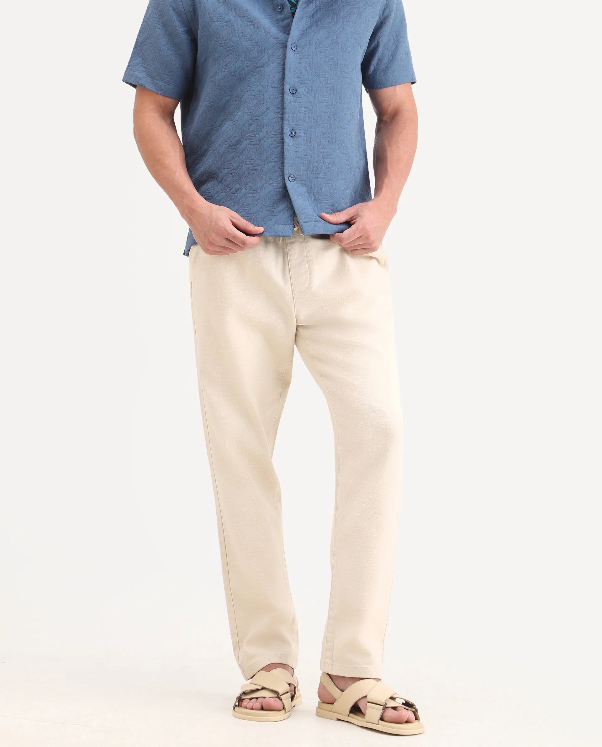 Rare Rabbit Men's Pluk Beige Cotton Blend Fabric Regular Fit Plain Trouser
