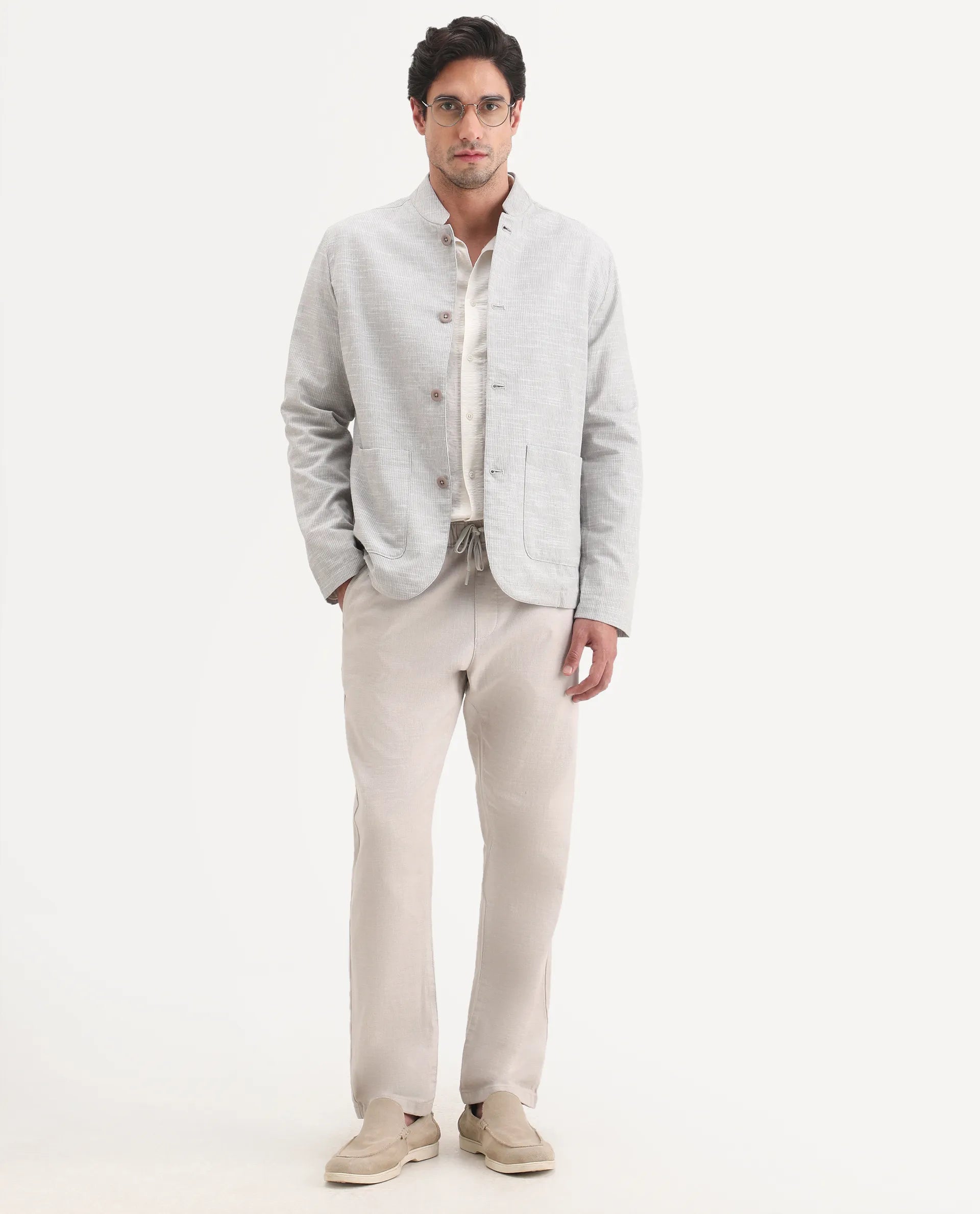 Rare Rabbit Men's Pluk Light Grey Cotton Blend Fabric Regular Fit Plain Trouser