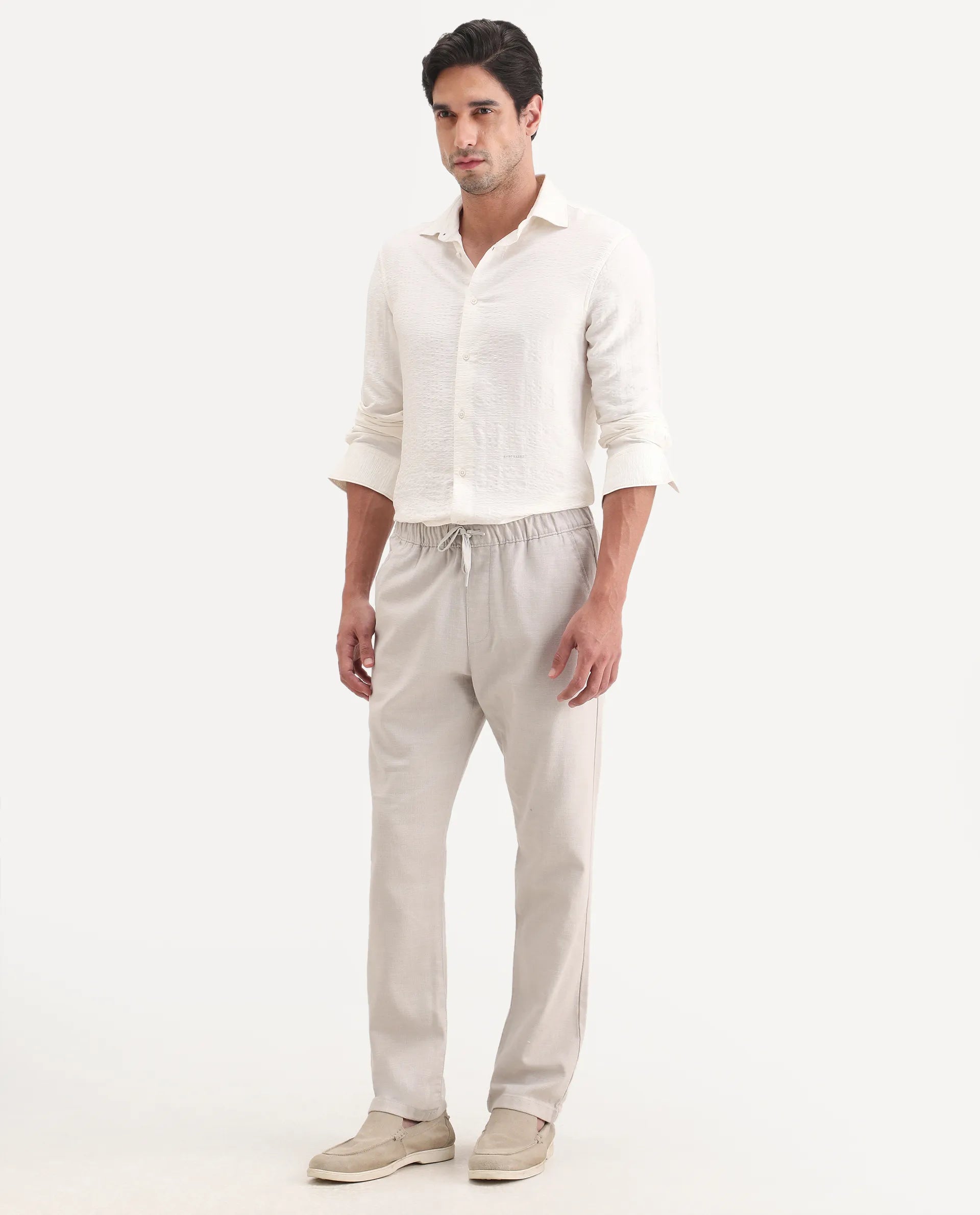 Rare Rabbit Men's Pluk Light Grey Cotton Blend Fabric Regular Fit Plain Trouser