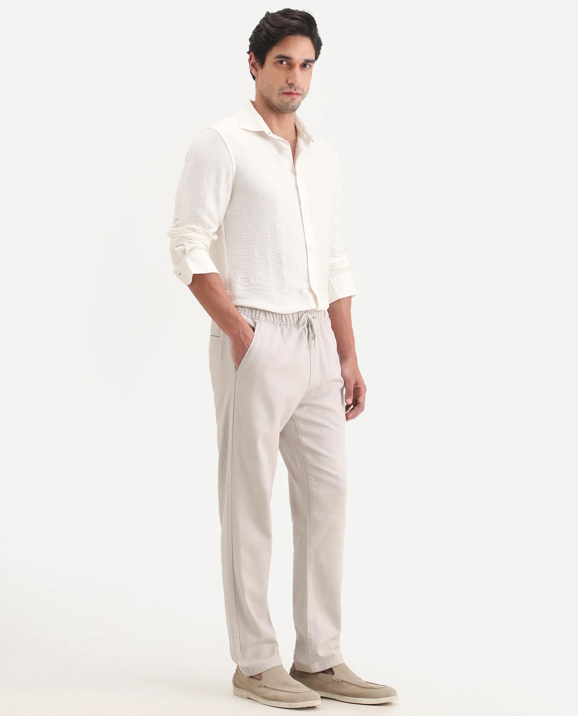Rare Rabbit Men's Pluk Light Grey Cotton Blend Fabric Regular Fit Plain Trouser