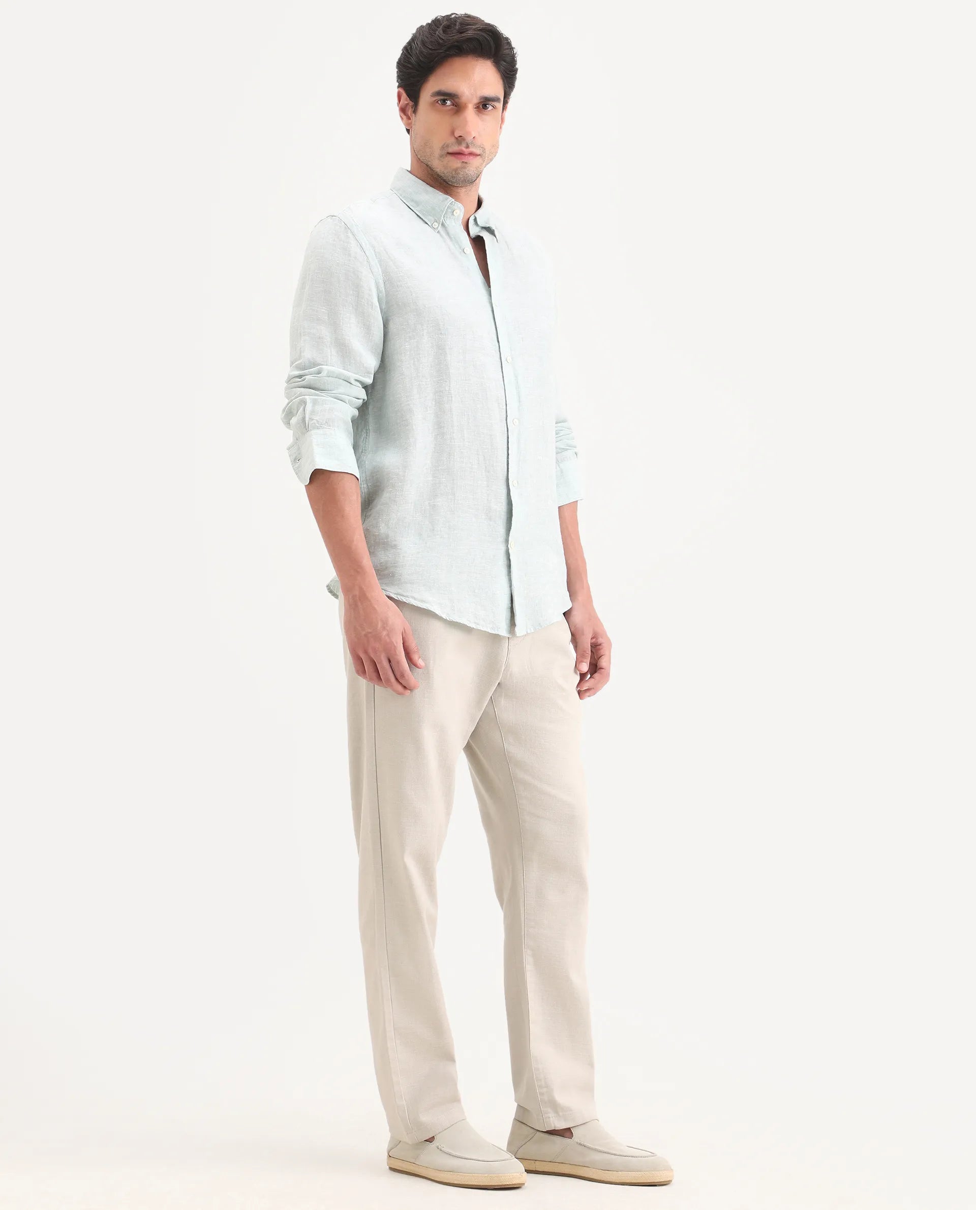Rare Rabbit Men's Pluk Dusky Green Cotton Blend Fabric Regular Fit Plain Trouser