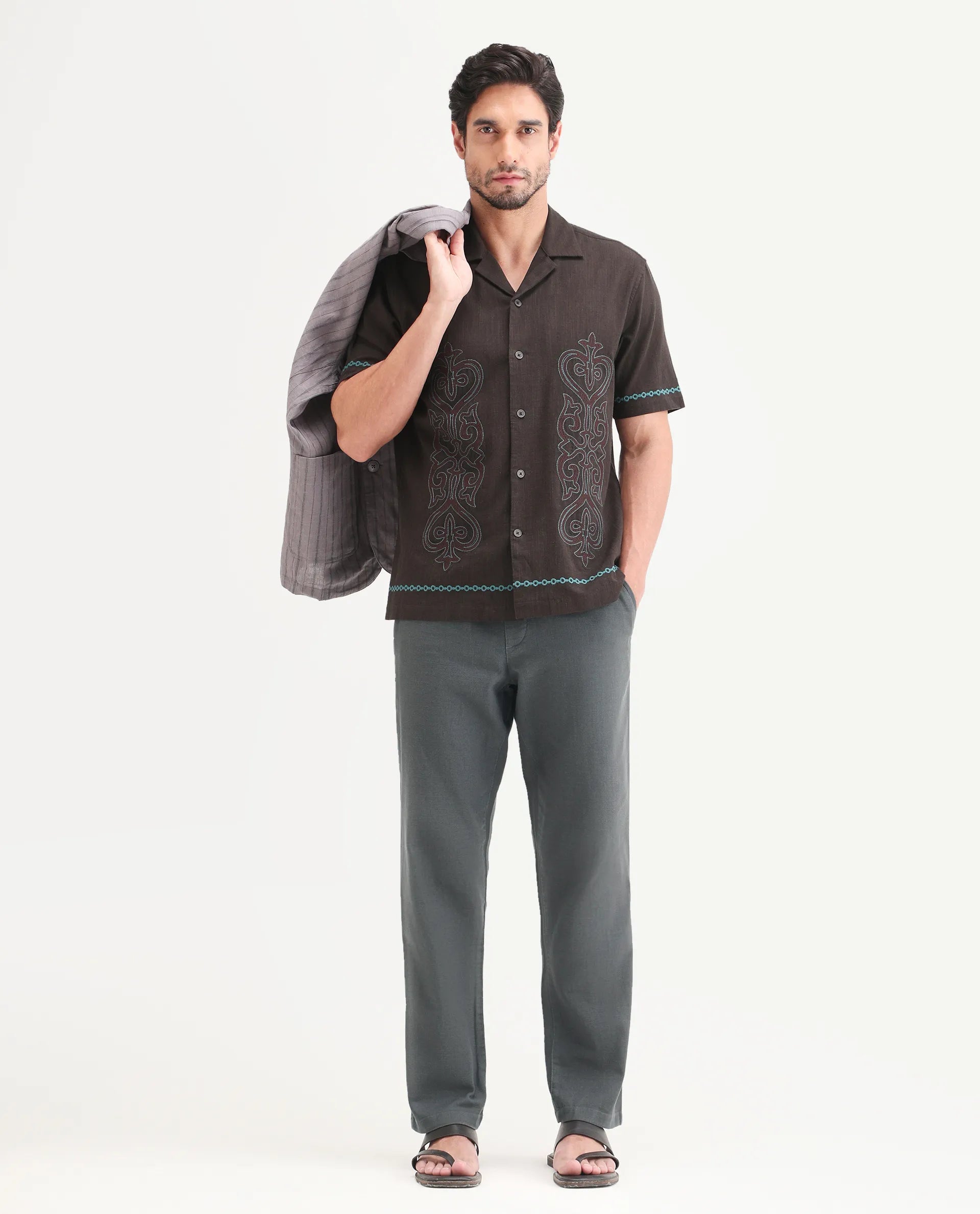 Rare Rabbit Men's Pluk Dark Grey Cotton Blend Fabric Regular Fit Plain Trouser
