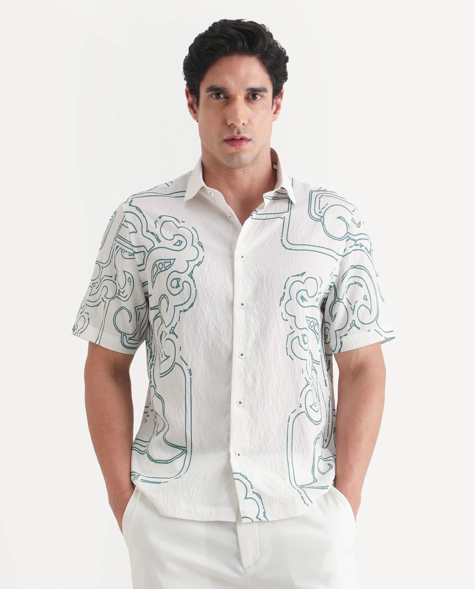 Rare Rabbit Men's Embi White Viscose Fabric Spread Collar Regular Fit Abstract Print Shirt