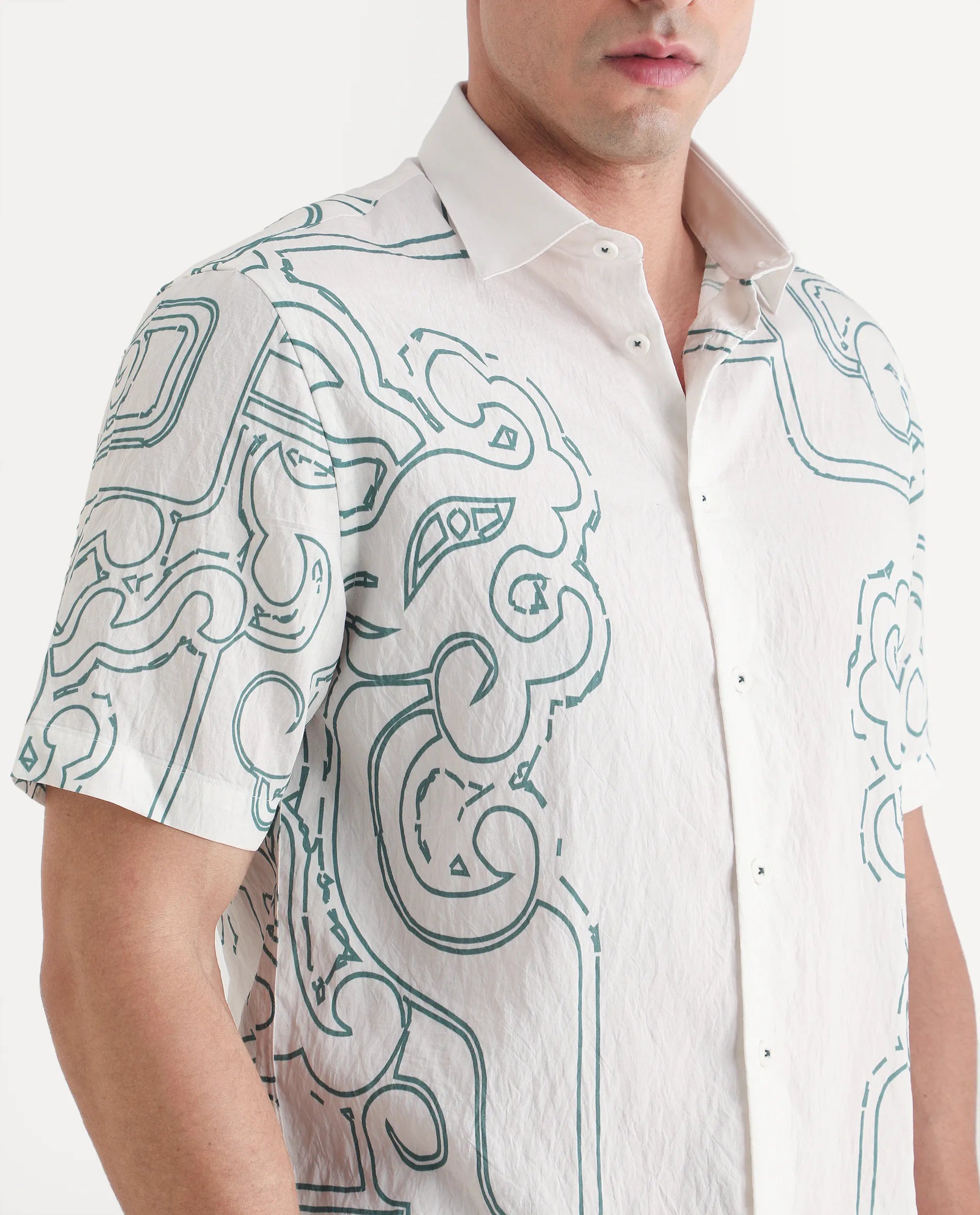 Rare Rabbit Men's Embi White Viscose Fabric Spread Collar Regular Fit Abstract Print Shirt