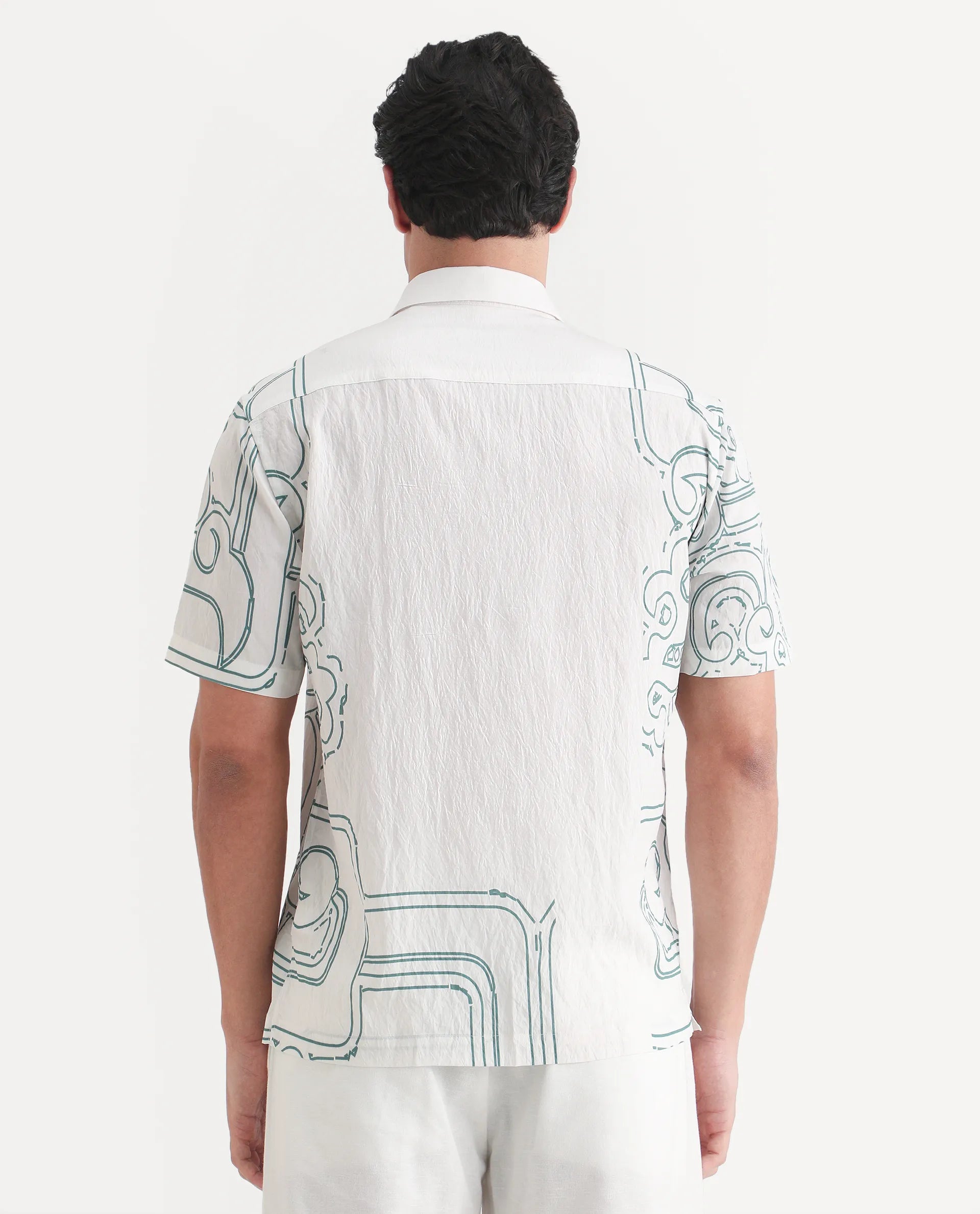 Rare Rabbit Men's Embi White Viscose Fabric Spread Collar Regular Fit Abstract Print Shirt
