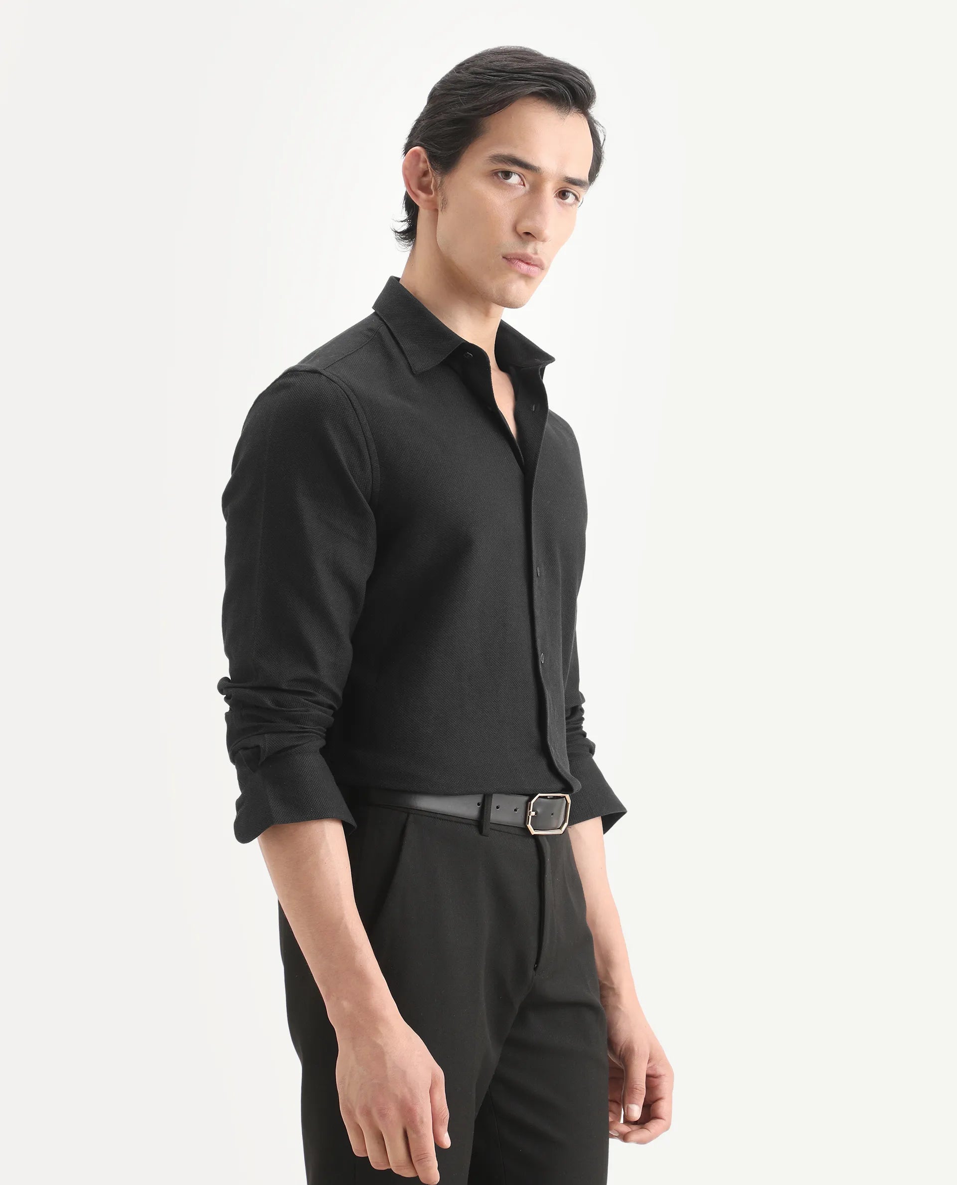 Rare Rabbit Men's Leven Black Viscose Fabric Spread Collar Regular Fit Plain Shirt