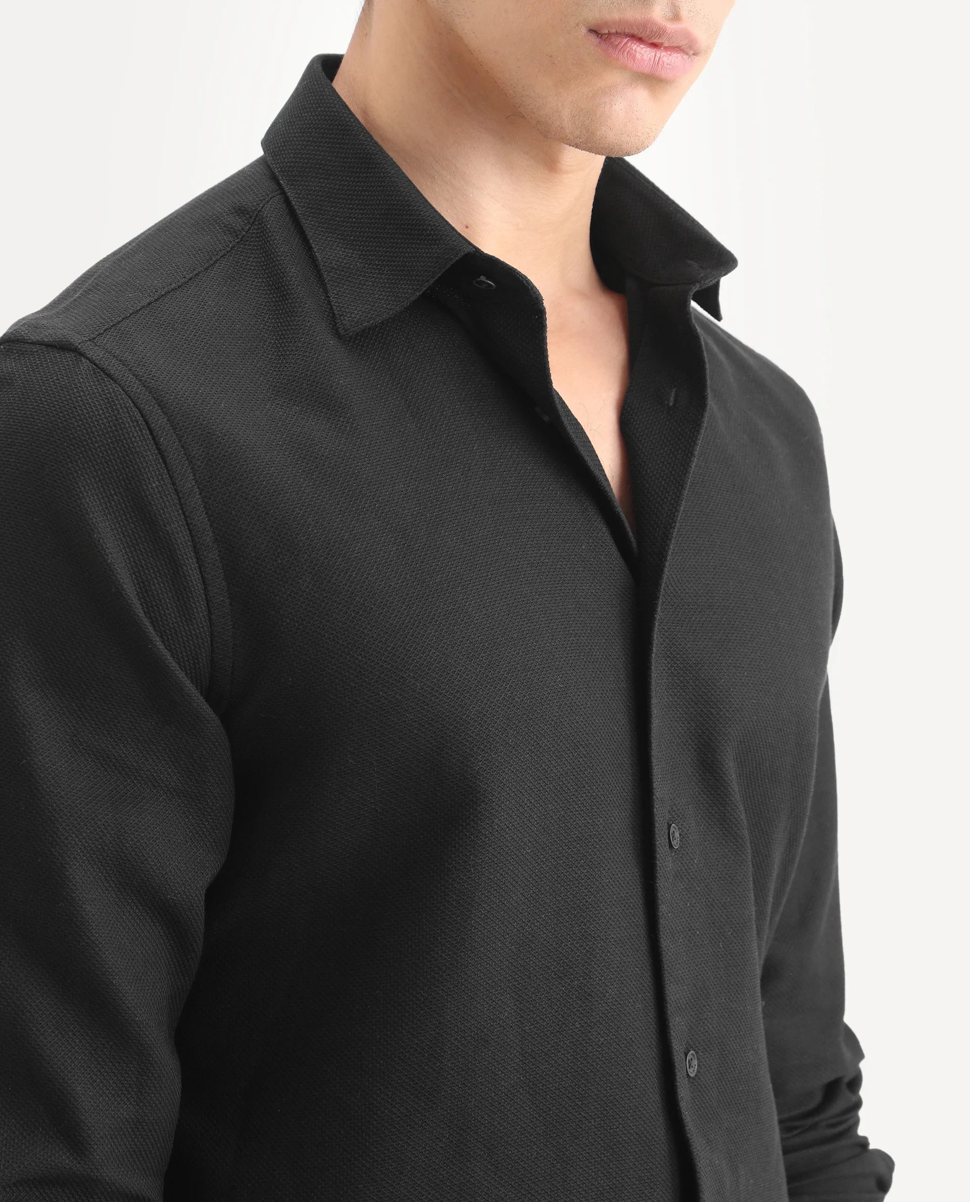 Rare Rabbit Men's Leven Black Viscose Fabric Spread Collar Regular Fit Plain Shirt