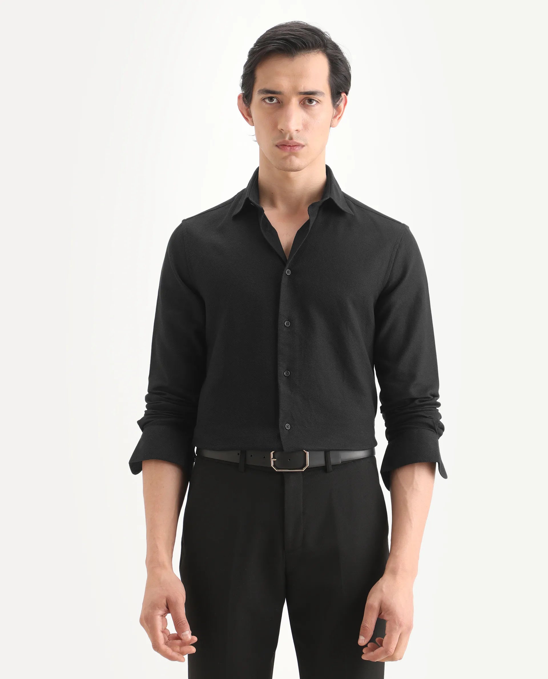 Rare Rabbit Men's Leven Black Viscose Fabric Spread Collar Regular Fit Plain Shirt