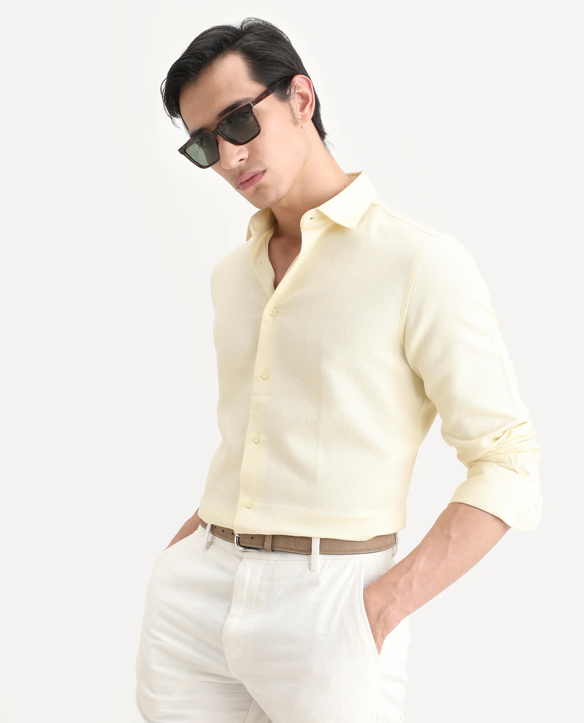 Rare Rabbit Men's Leven Light Yellow Viscose Fabric Spread Collar Regular Fit Plain Shirt
