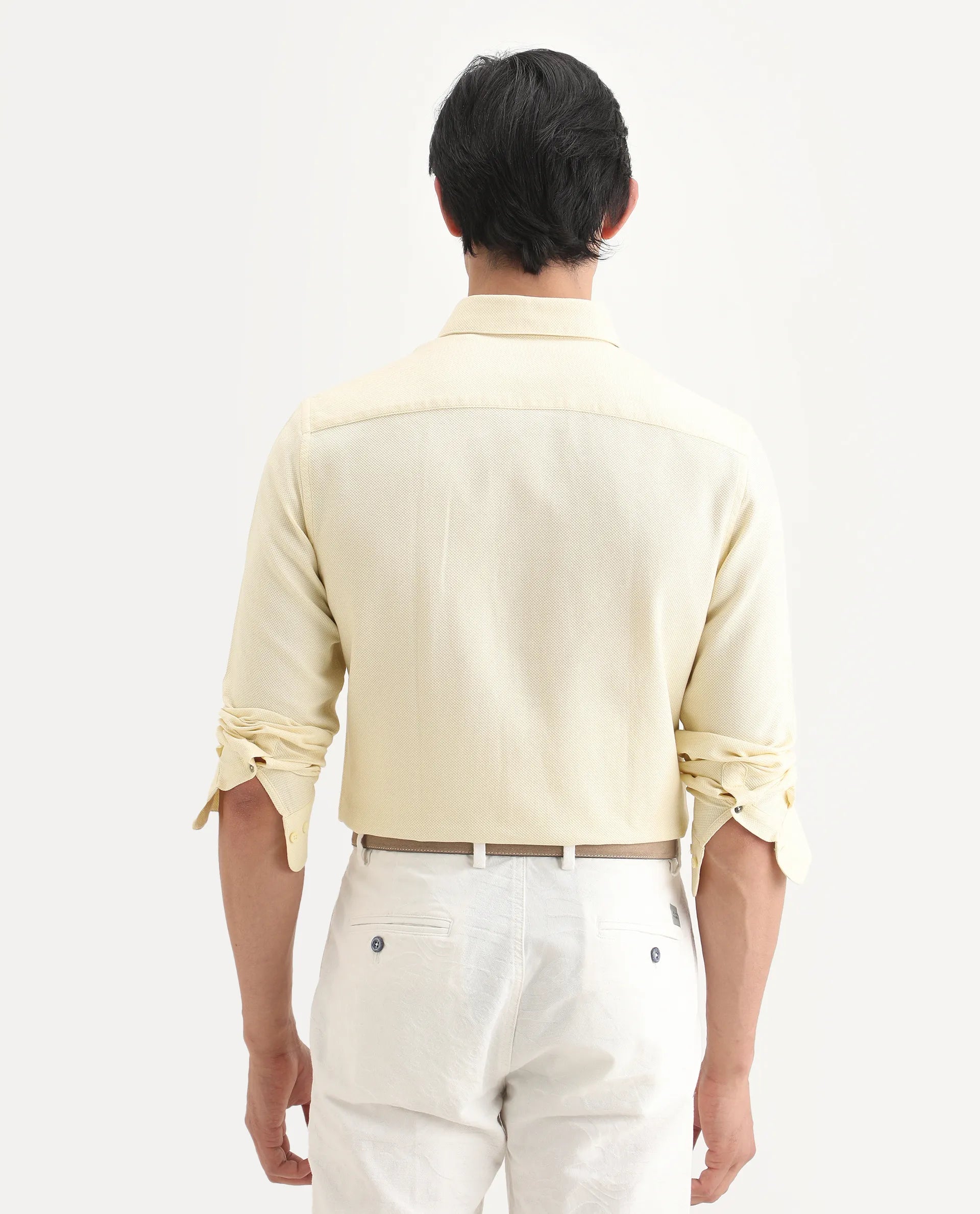 Rare Rabbit Men's Leven Light Yellow Viscose Fabric Spread Collar Regular Fit Plain Shirt