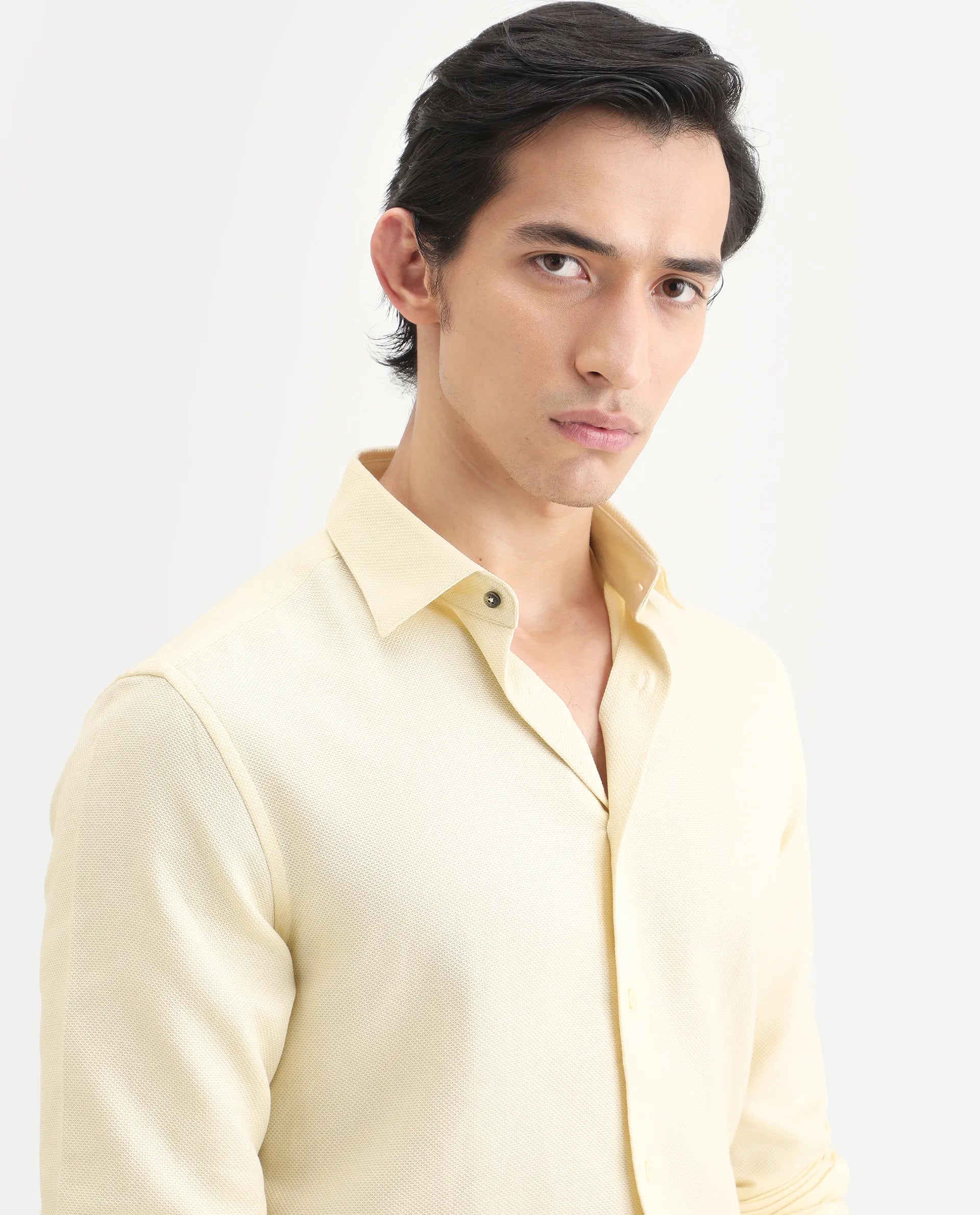 Rare Rabbit Men's Leven Light Yellow Viscose Fabric Spread Collar Regular Fit Plain Shirt