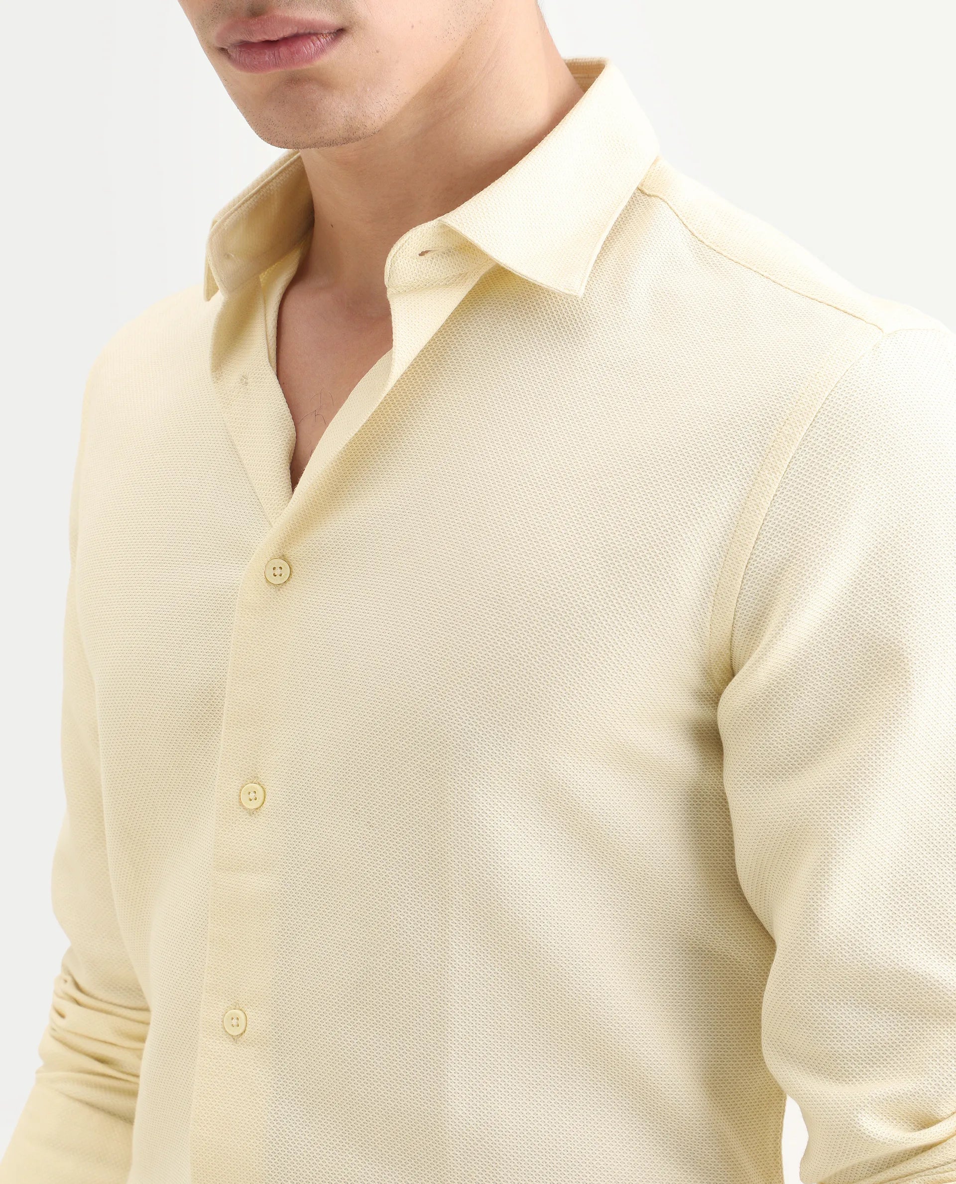 Rare Rabbit Men's Leven Light Yellow Viscose Fabric Spread Collar Regular Fit Plain Shirt