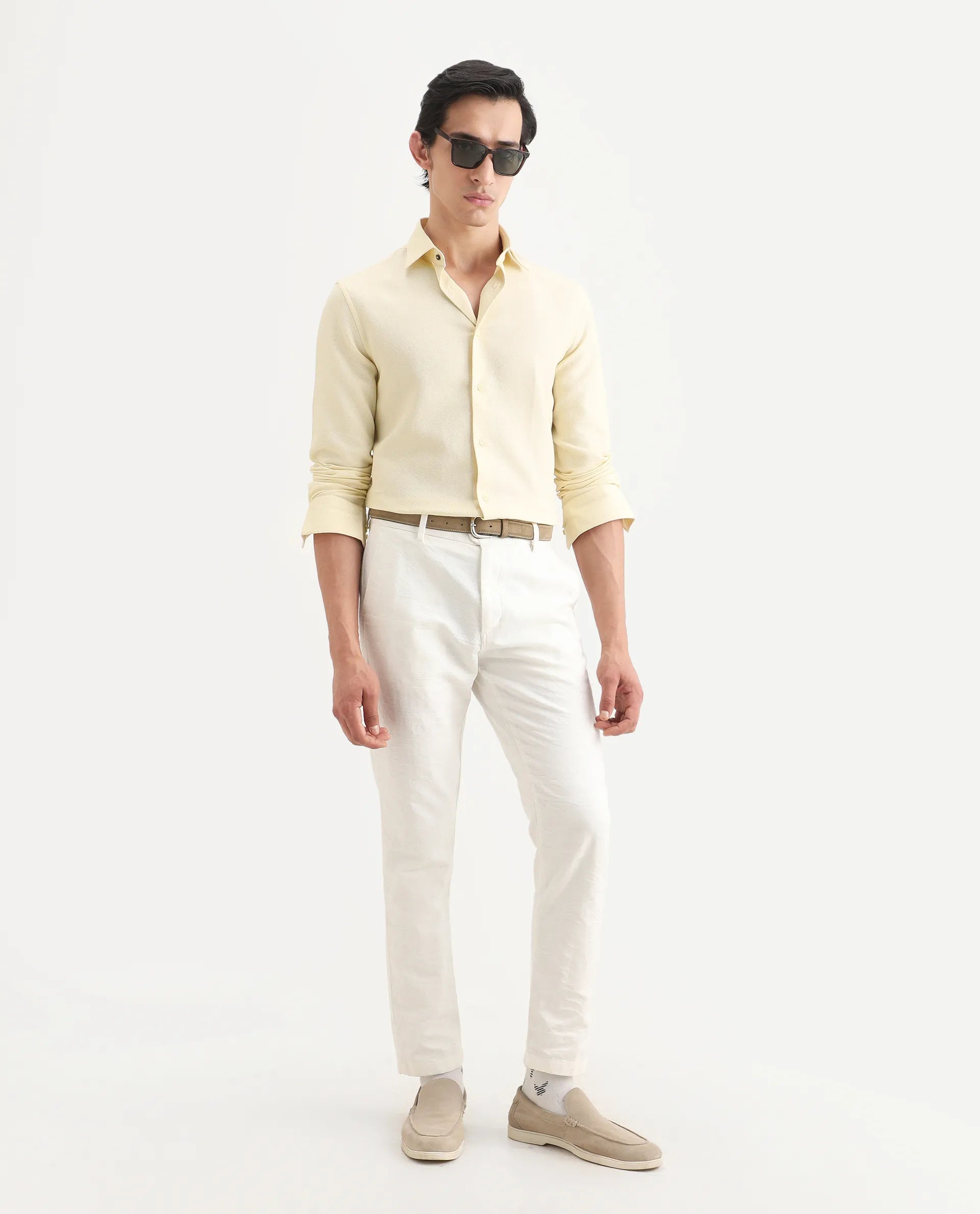 Rare Rabbit Men's Leven Light Yellow Viscose Fabric Spread Collar Regular Fit Plain Shirt