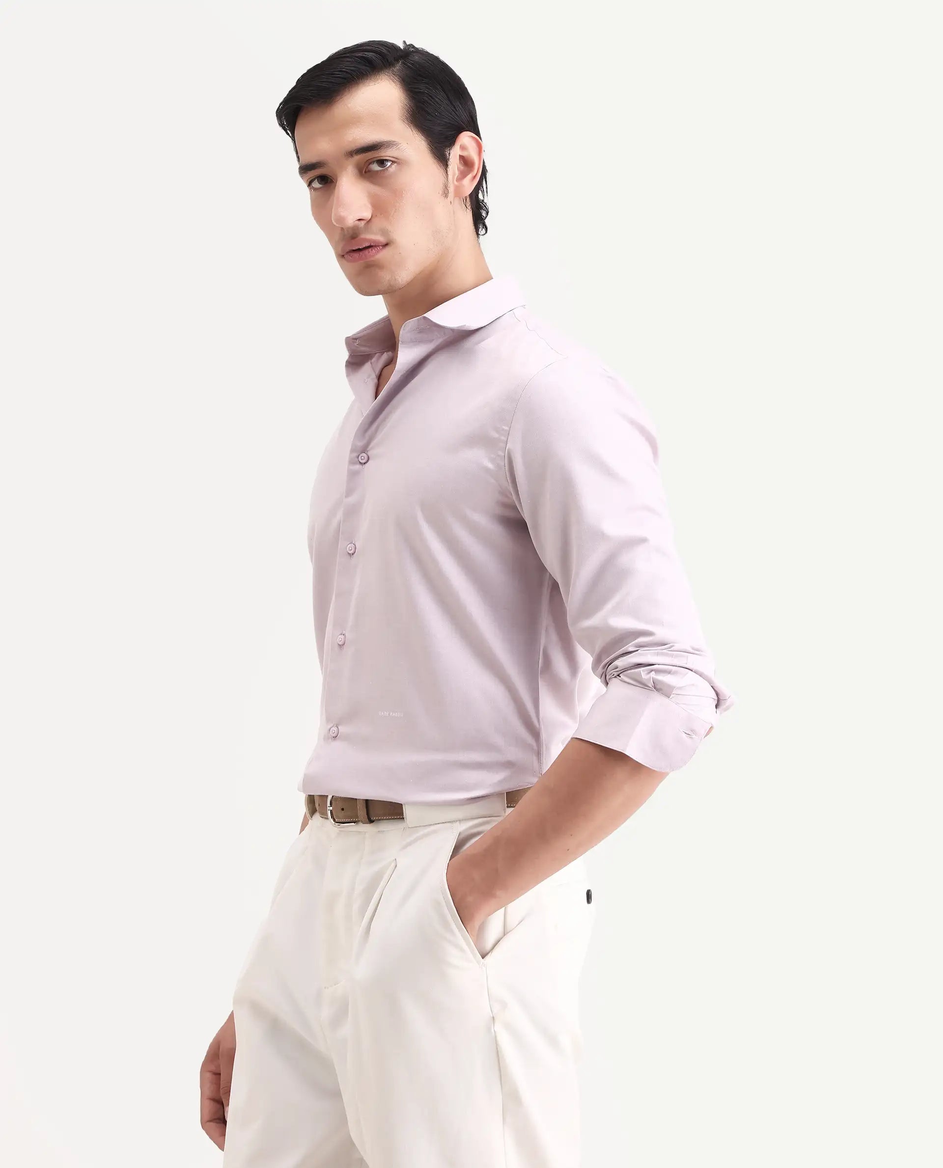 Rare Rabbit Men's Vansh Dusky Purple Polyester Blend Fabric Spread Collar Regular Fit Plain Shirt