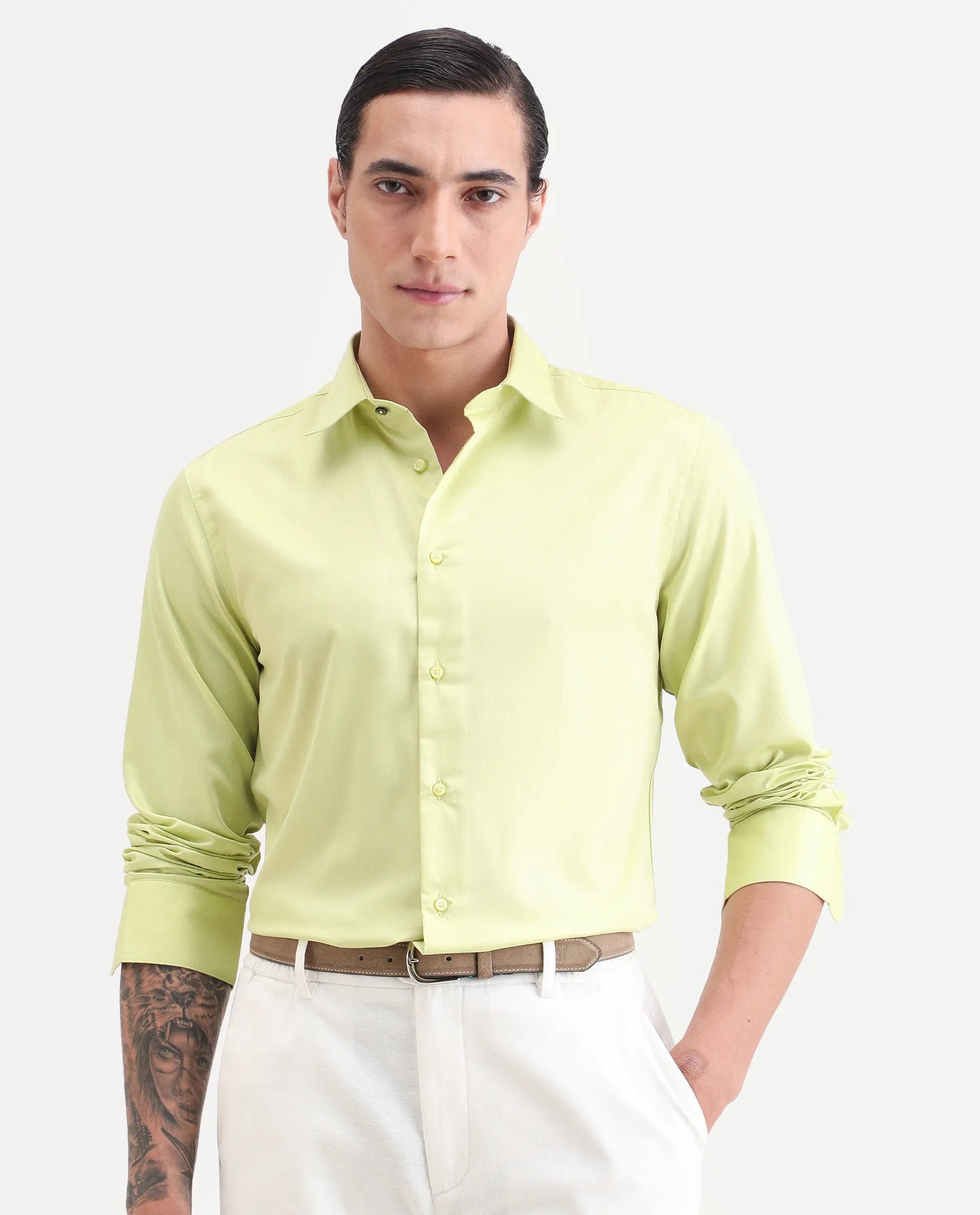 Rare Rabbit Men's Vansh Flouroscent Green Polyester Blend Fabric Spread Collar Regular Fit Plain Shirt