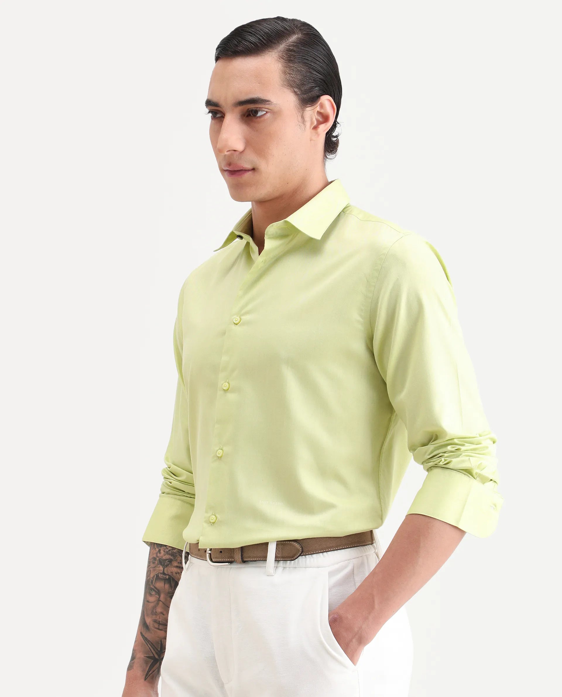 Rare Rabbit Men's Vansh Flouroscent Green Polyester Blend Fabric Spread Collar Regular Fit Plain Shirt