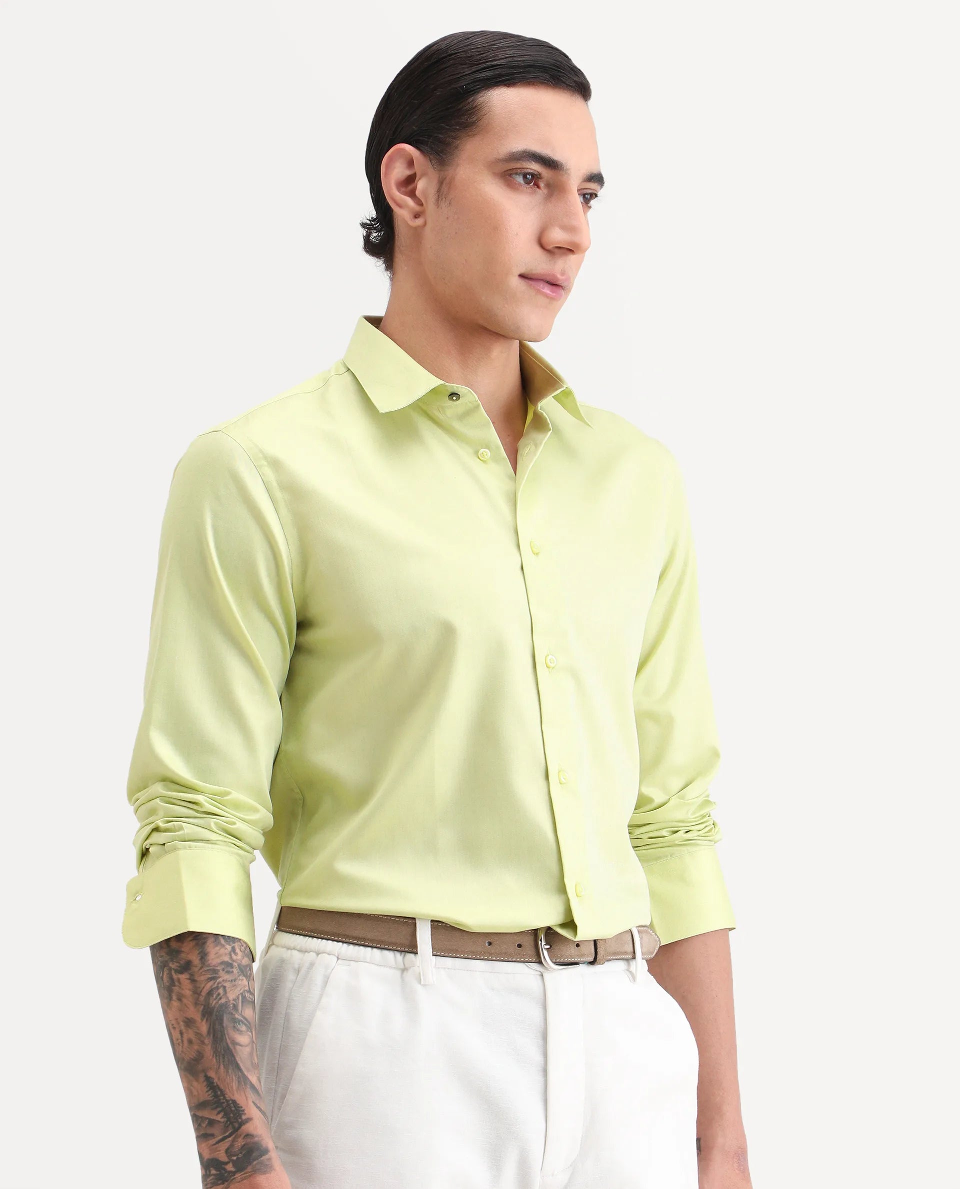 Rare Rabbit Men's Vansh Flouroscent Green Polyester Blend Fabric Spread Collar Regular Fit Plain Shirt