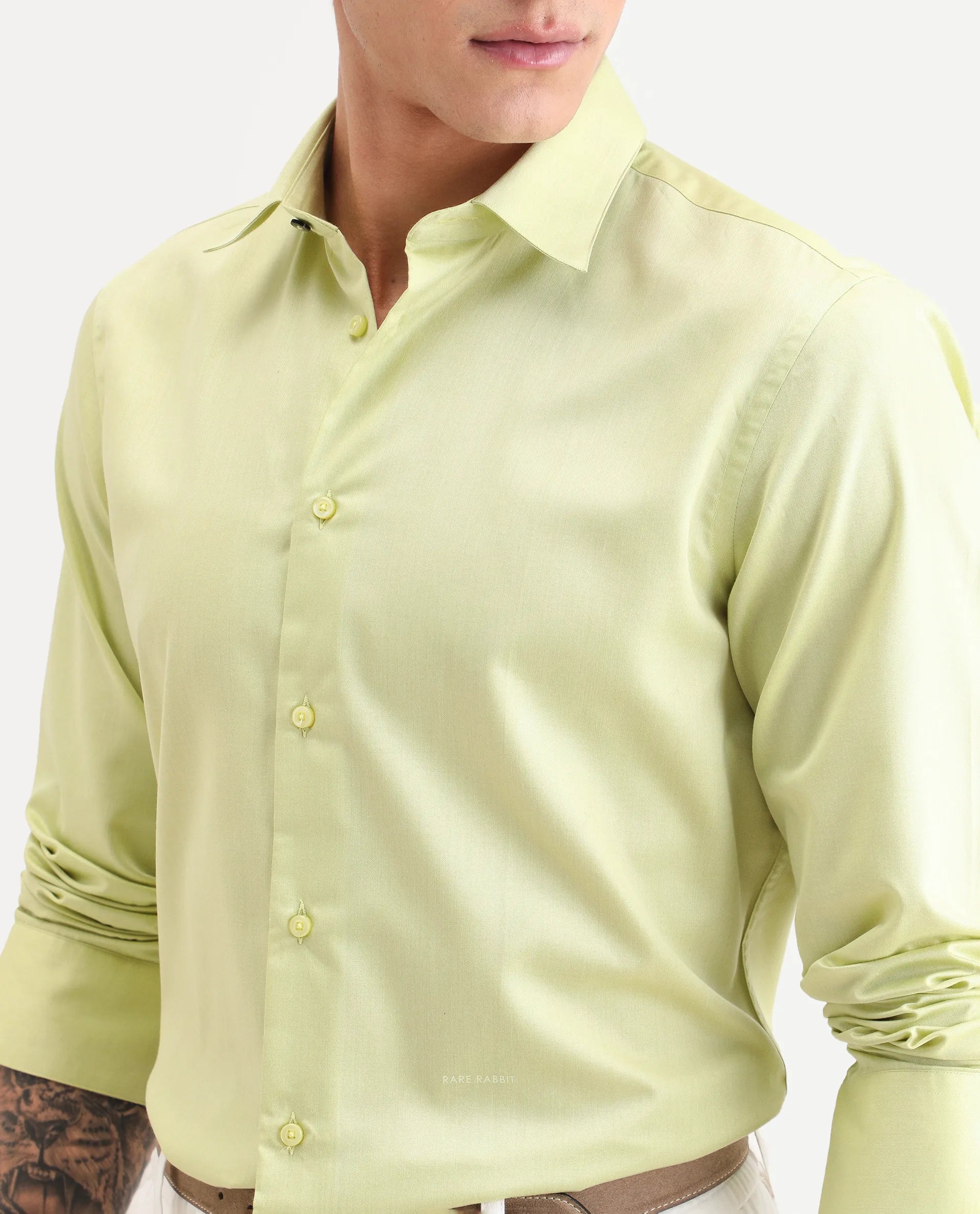 Rare Rabbit Men's Vansh Flouroscent Green Polyester Blend Fabric Spread Collar Regular Fit Plain Shirt