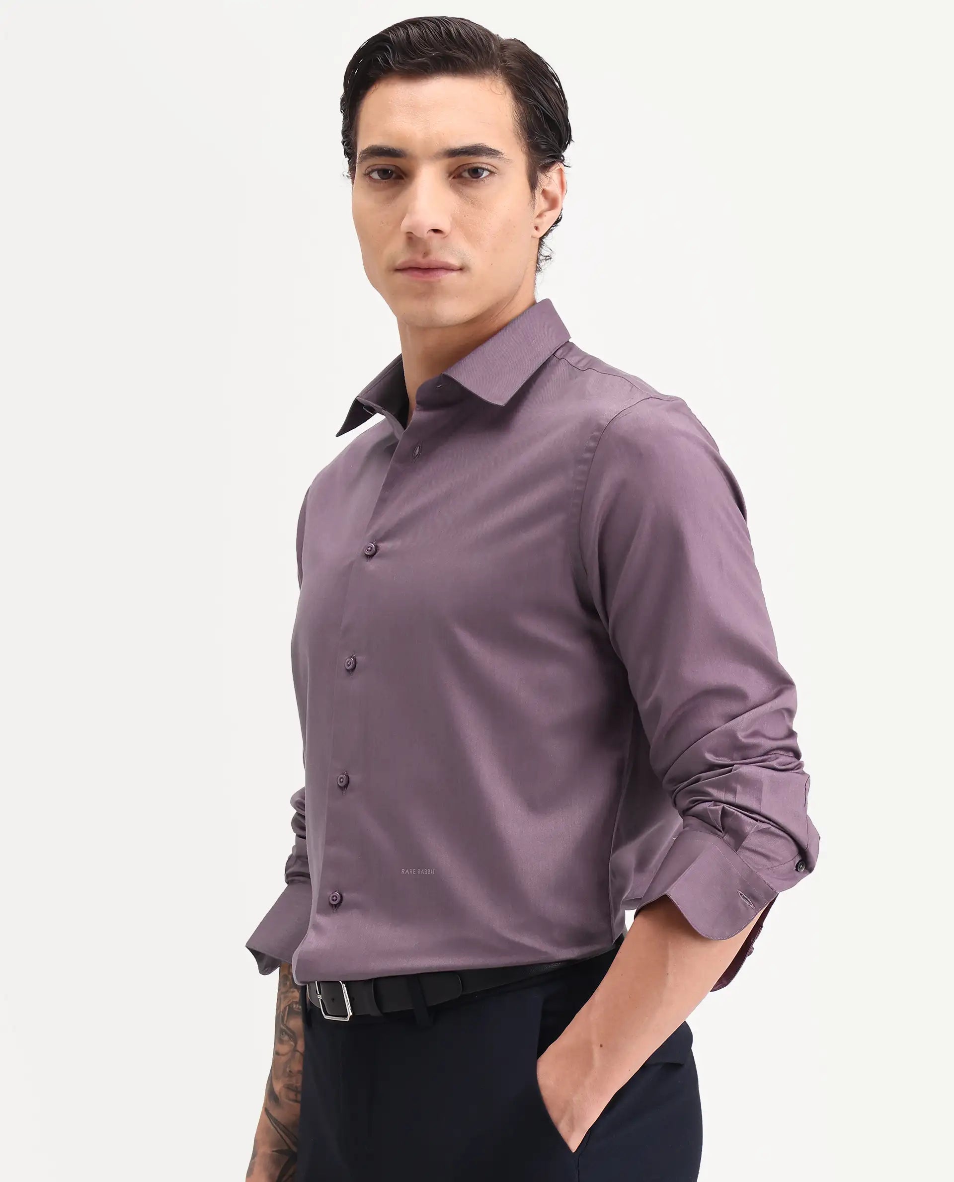 Rare Rabbit Men's Vansh Dark Purple Polyester Blend Fabric Spread Collar Regular Fit Plain Shirt