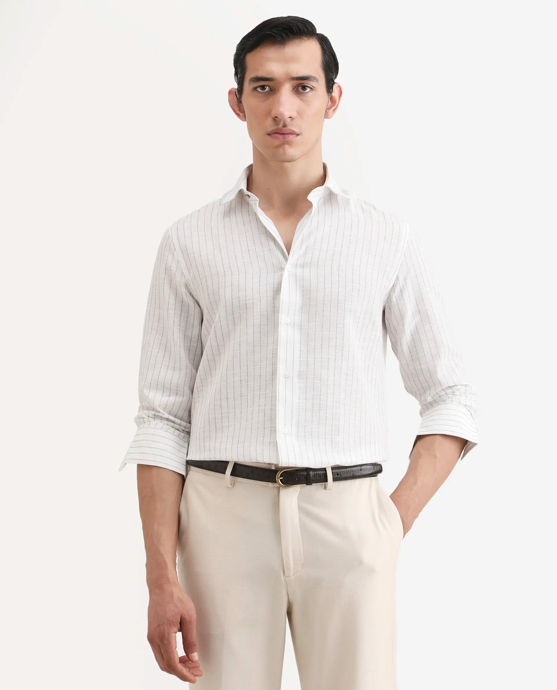 Rare Rabbit Men's Conwy Off White Linen Blend Fabric Spread Collar Regular Fit Striped Shirt