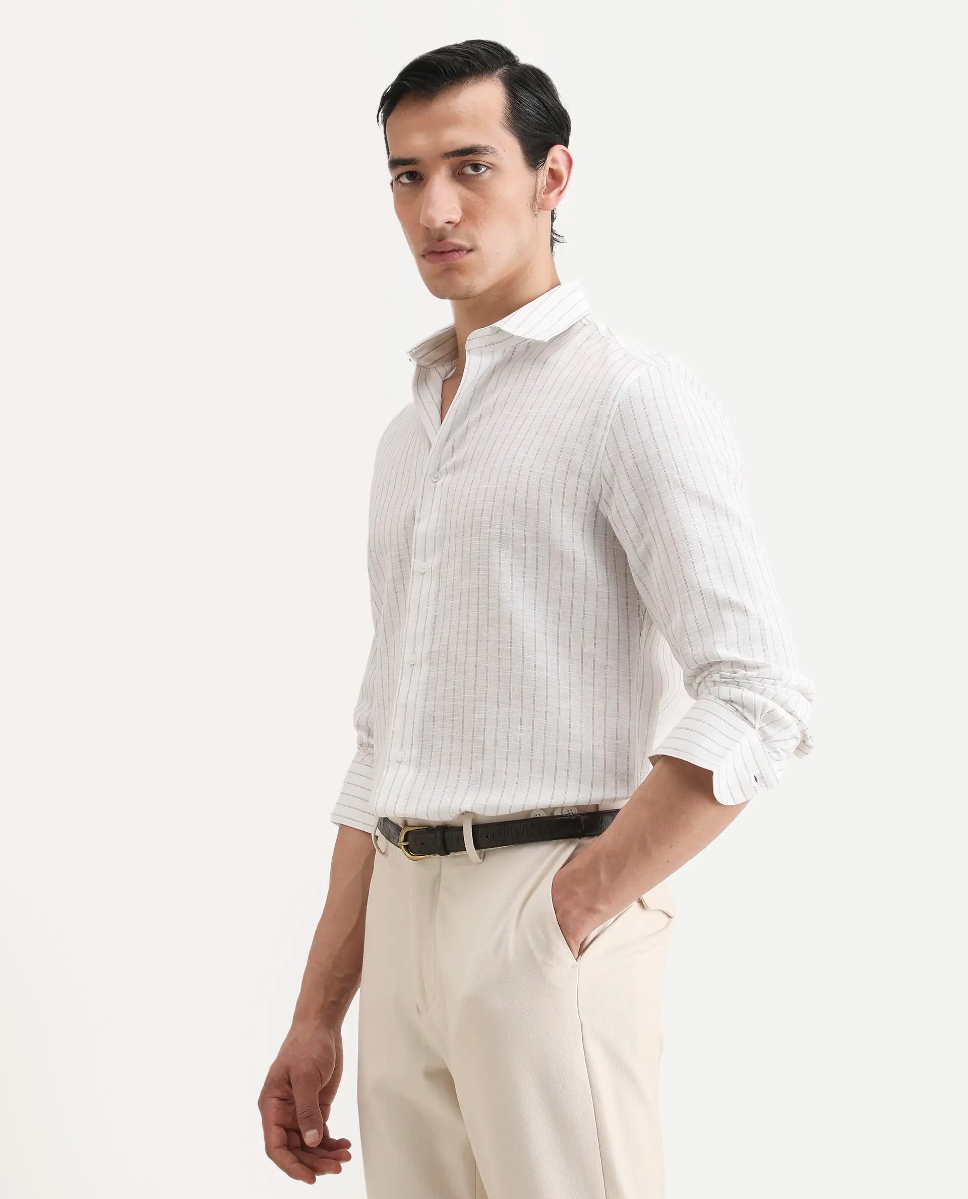 Rare Rabbit Men's Conwy Off White Linen Blend Fabric Spread Collar Regular Fit Striped Shirt