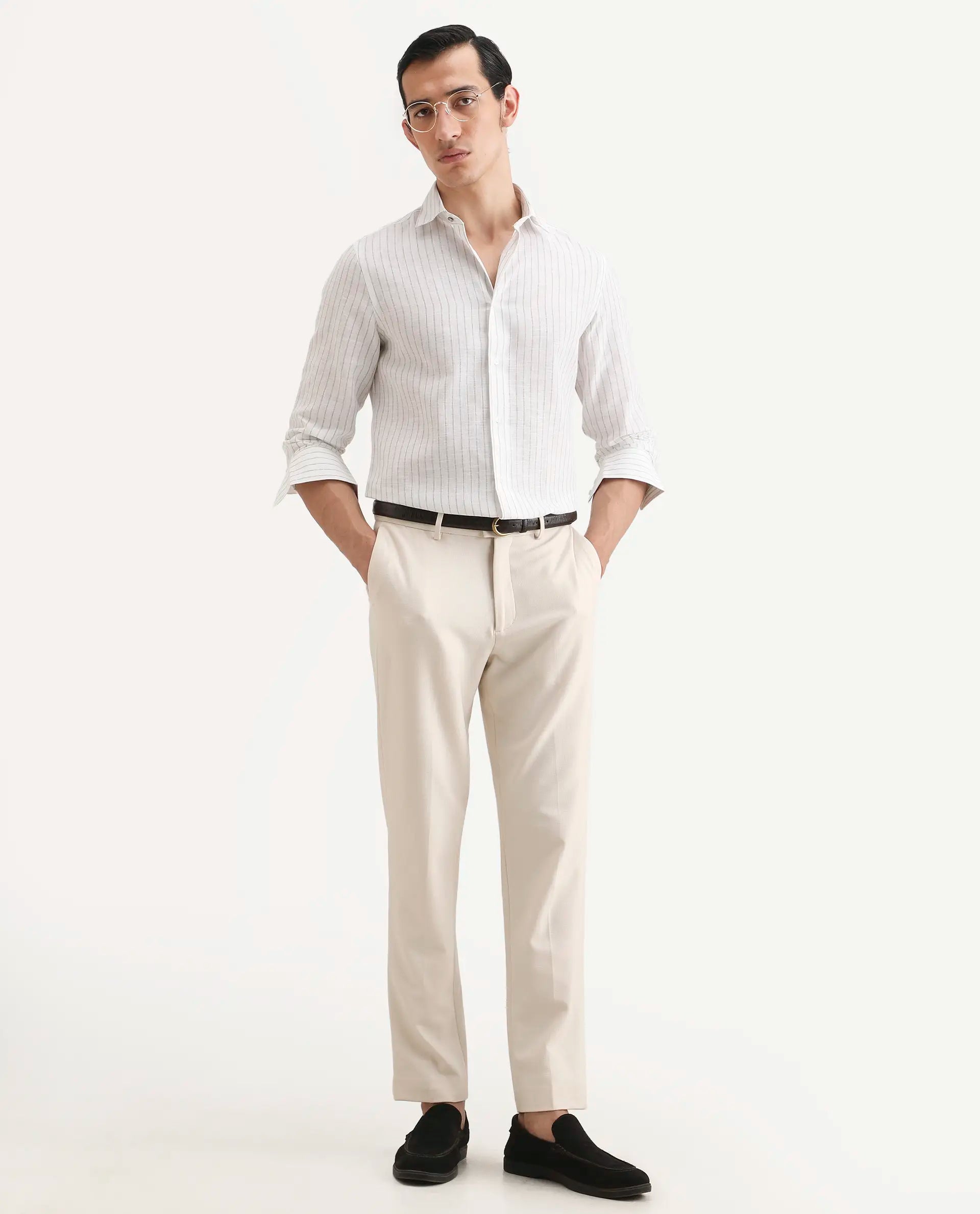 Rare Rabbit Men's Conwy Off White Linen Blend Fabric Spread Collar Regular Fit Striped Shirt
