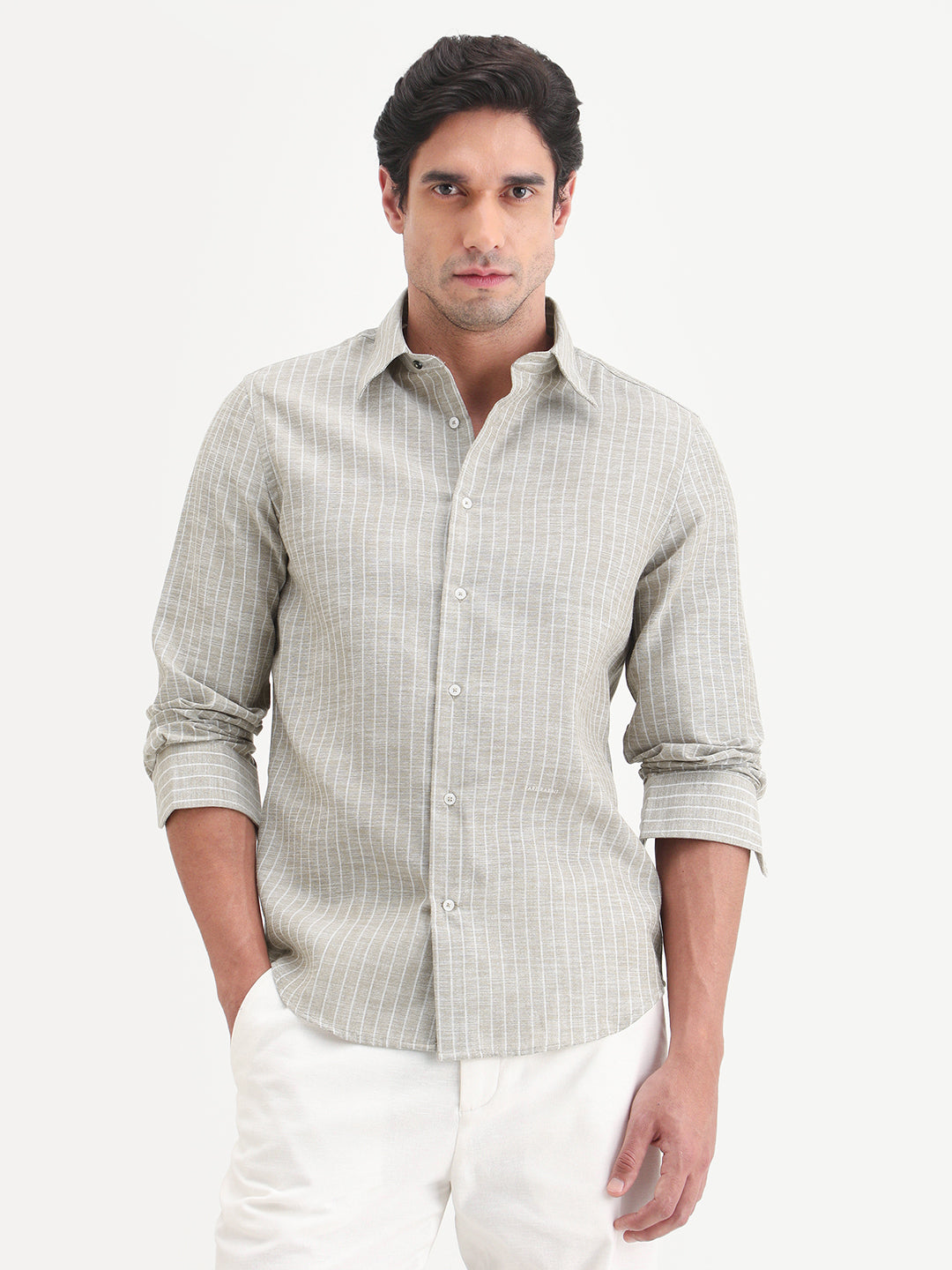 Rare Rabbit Men's Conwy Khaki Linen Blend Fabric Spread Collar Regular Fit Striped Shirt