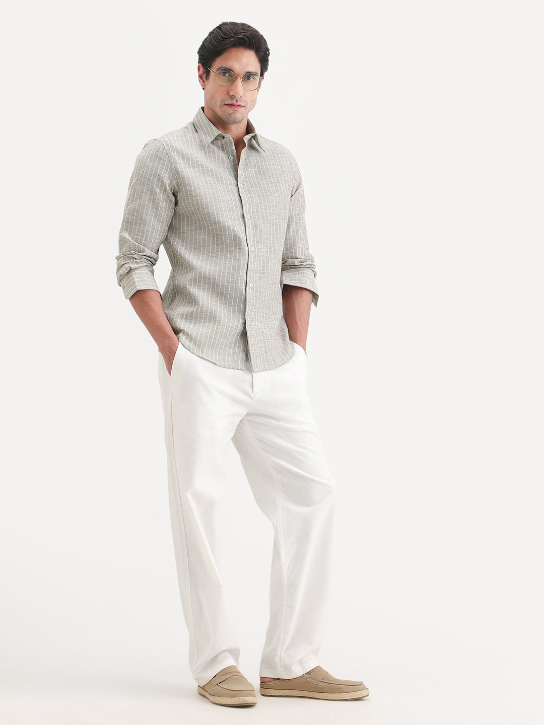 Rare Rabbit Men's Conwy Khaki Linen Blend Fabric Spread Collar Regular Fit Striped Shirt