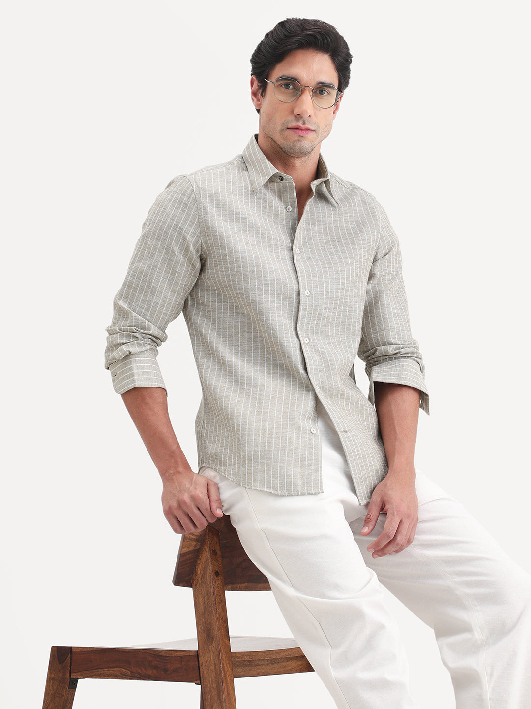 Rare Rabbit Men's Conwy Khaki Linen Blend Fabric Spread Collar Regular Fit Striped Shirt