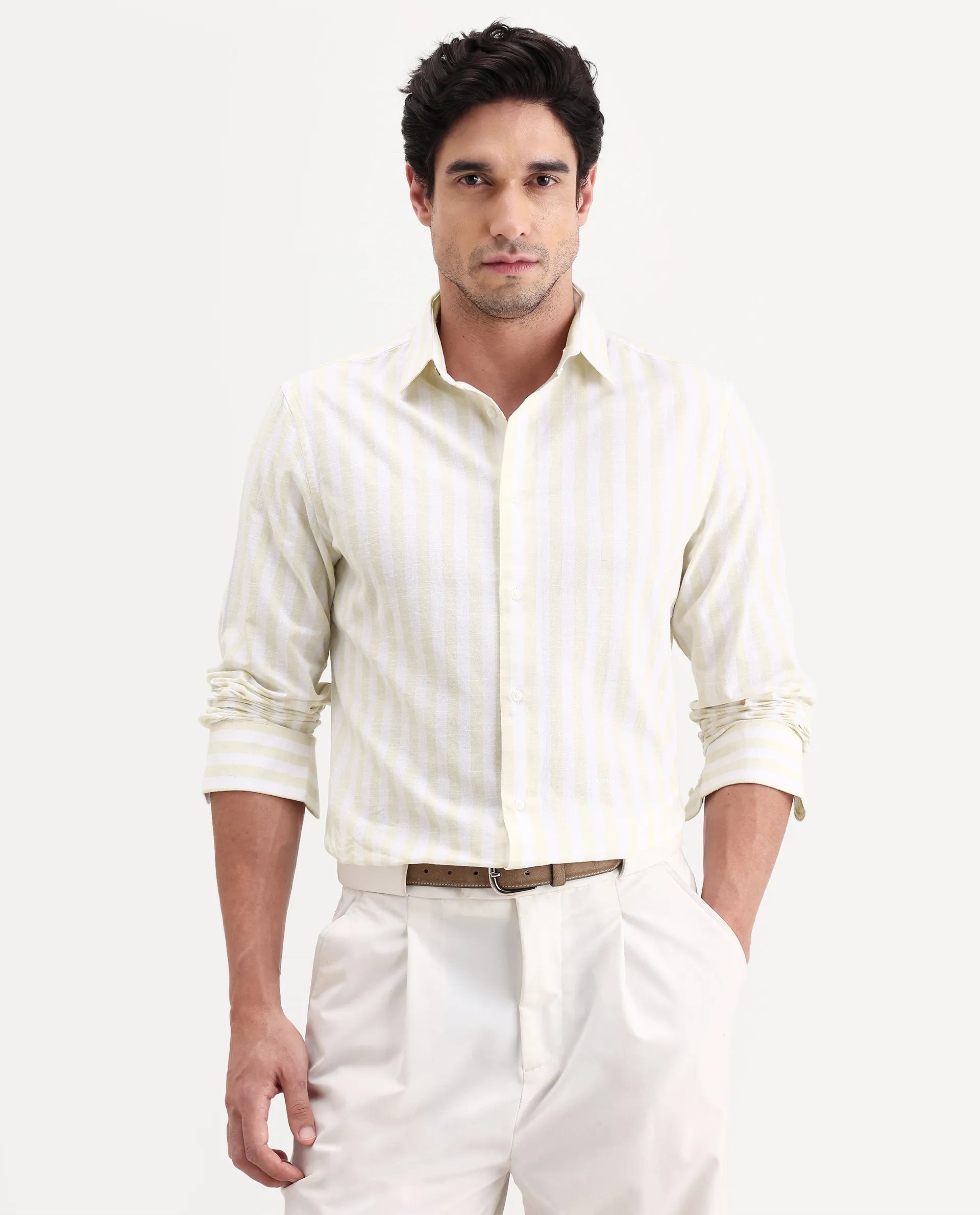 Rare Rabbit Men's Denny Beige Cotton Fabric Spread Collar Regular Fit Striped Shirt