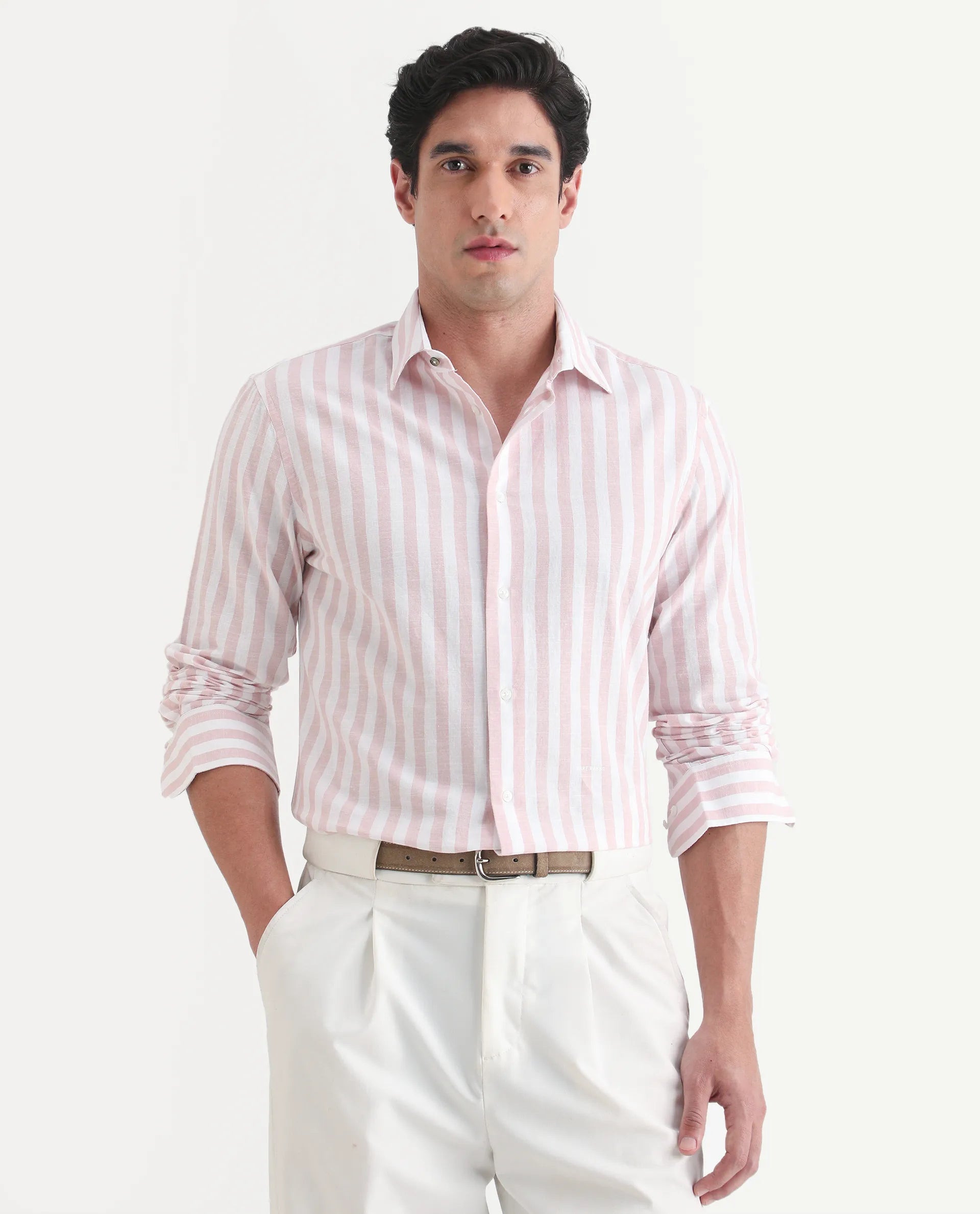 Rare Rabbit Men's Denny Pink Cotton Fabric Spread Collar Regular Fit Striped Shirt