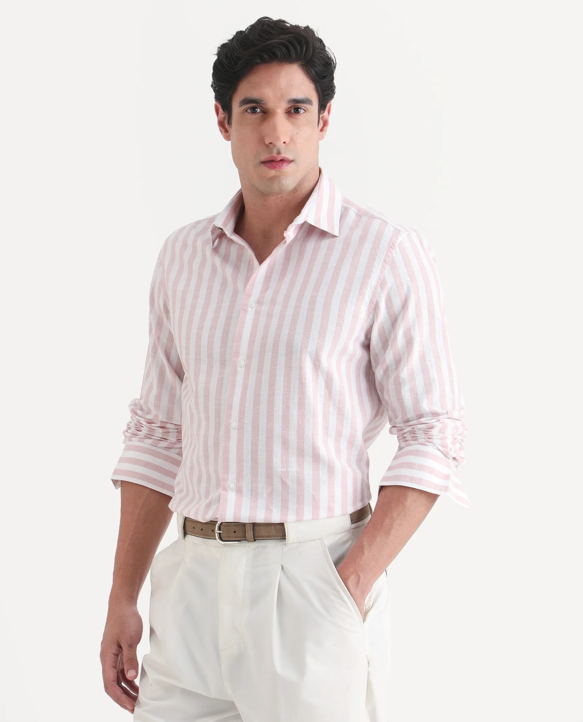 Rare Rabbit Men's Denny Pink Cotton Fabric Spread Collar Regular Fit Striped Shirt