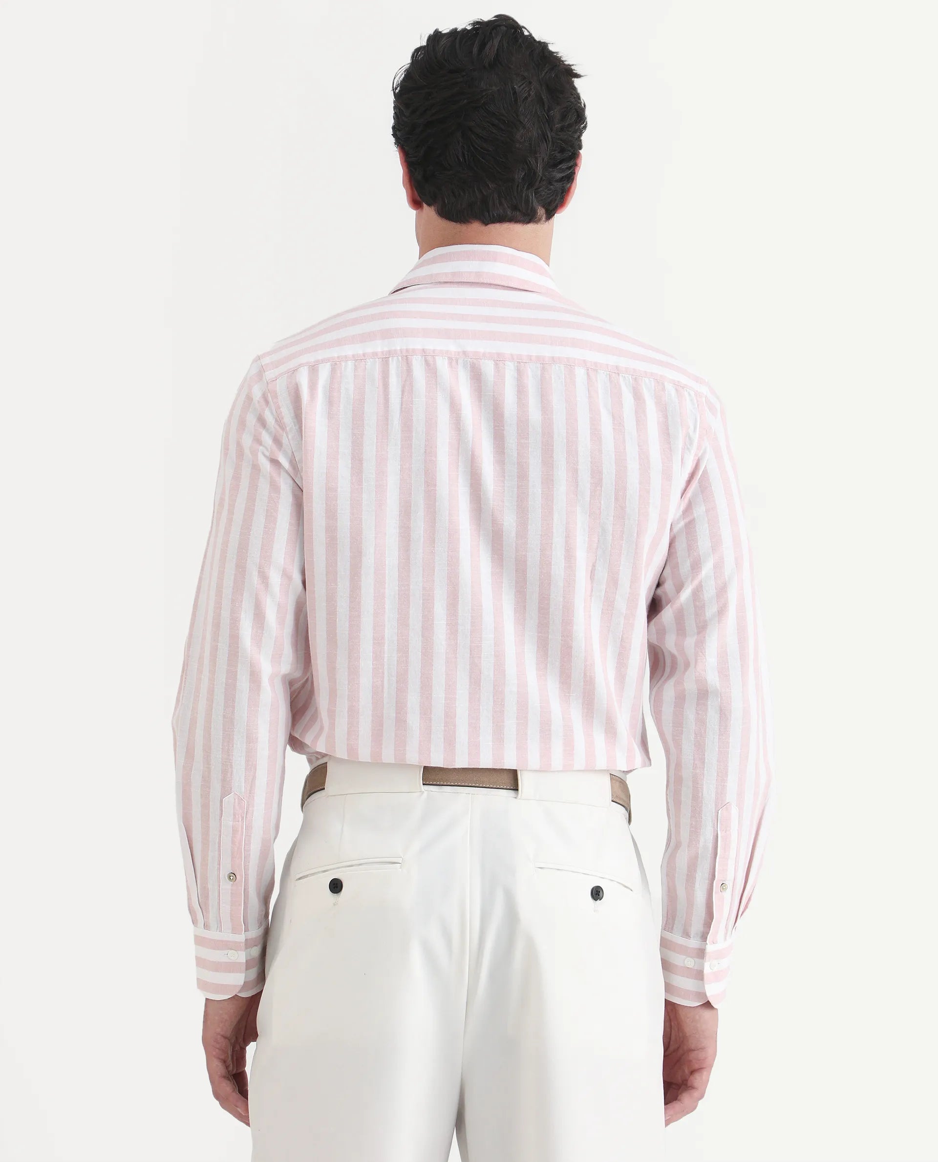 Rare Rabbit Men's Denny Pink Cotton Fabric Spread Collar Regular Fit Striped Shirt