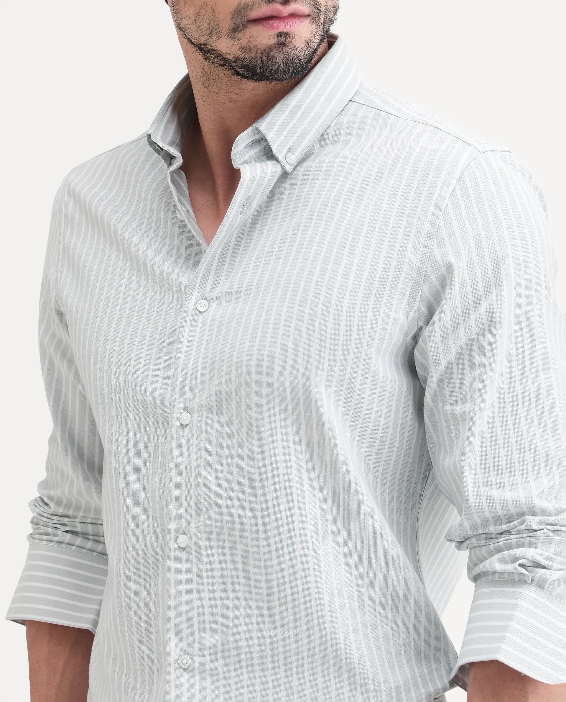 Rare Rabbit Men's Amble Light Grey Cotton Blend Fabric Spread Collar Regular Fit Striped Shirt