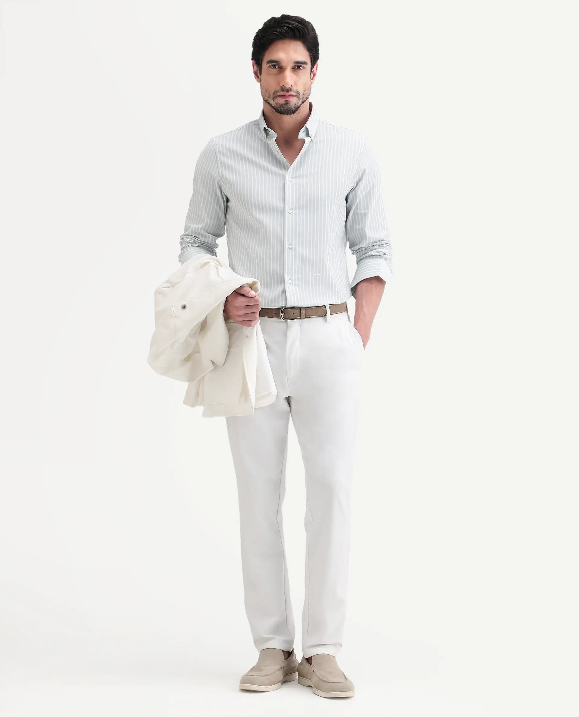 Rare Rabbit Men's Amble Light Grey Cotton Blend Fabric Spread Collar Regular Fit Striped Shirt