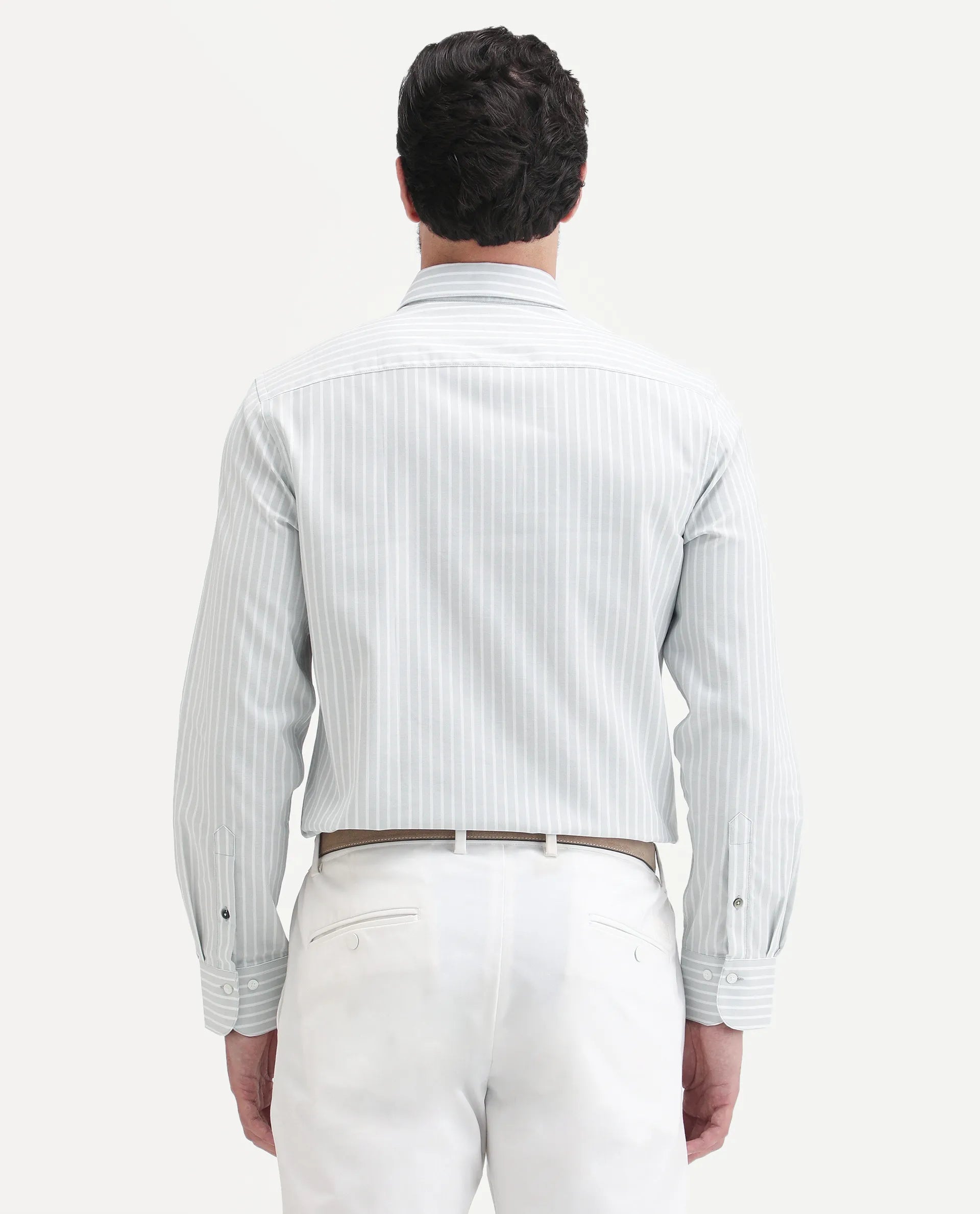 Rare Rabbit Men's Amble Light Grey Cotton Blend Fabric Spread Collar Regular Fit Striped Shirt