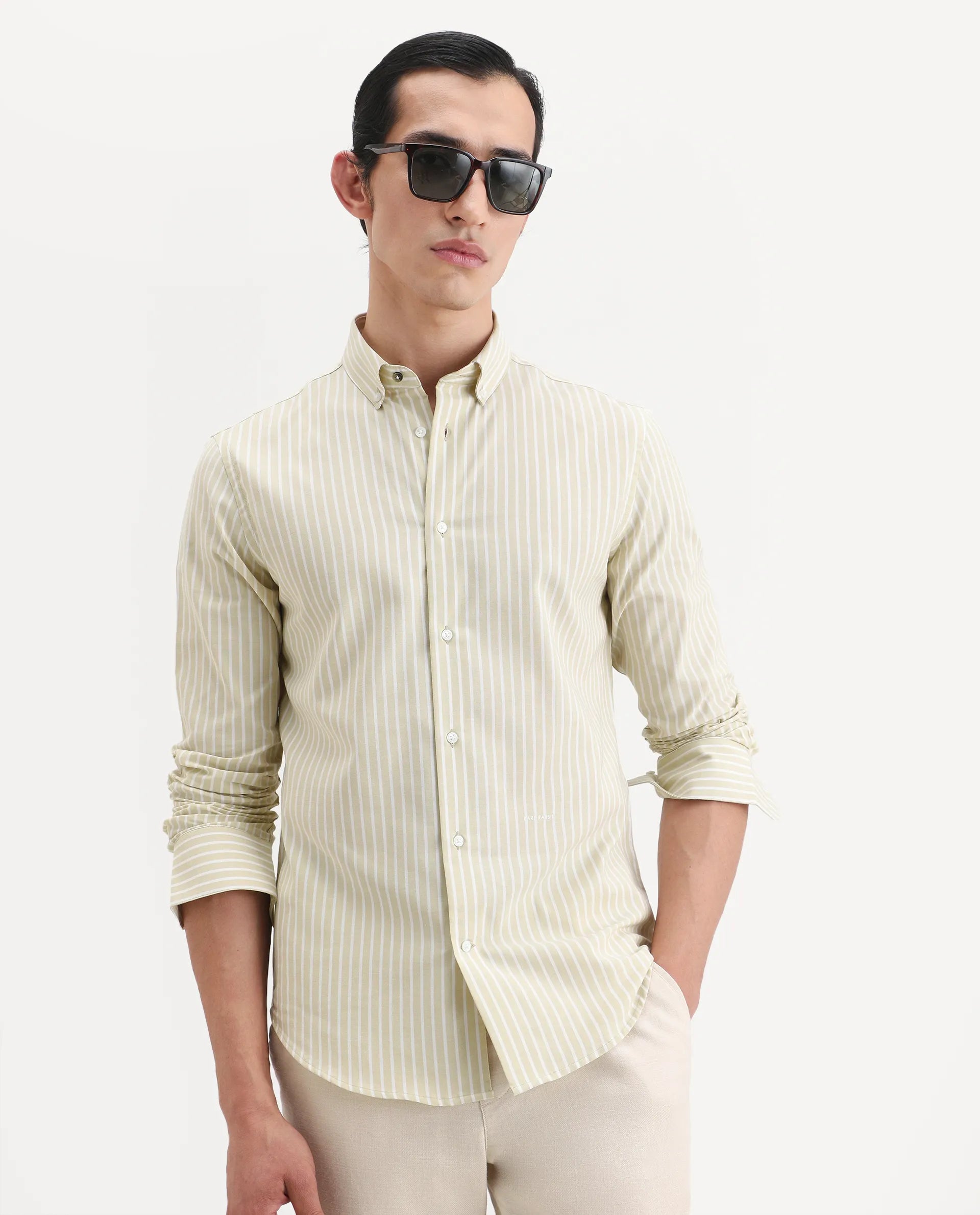 Rare Rabbit Men's Amble Dusky Green Cotton Blend Fabric Spread Collar Regular Fit Striped Shirt