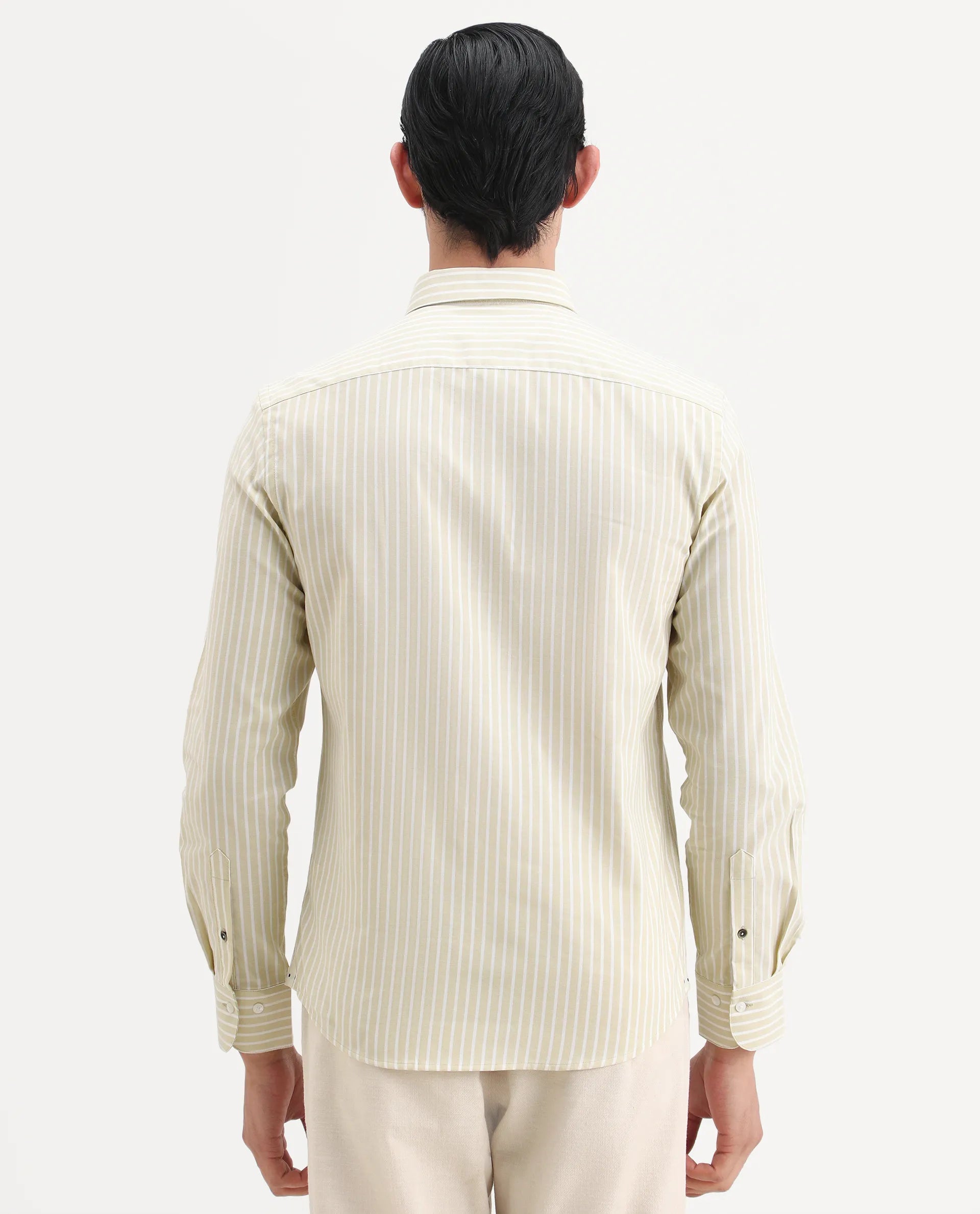 Rare Rabbit Men's Amble Dusky Green Cotton Blend Fabric Spread Collar Regular Fit Striped Shirt