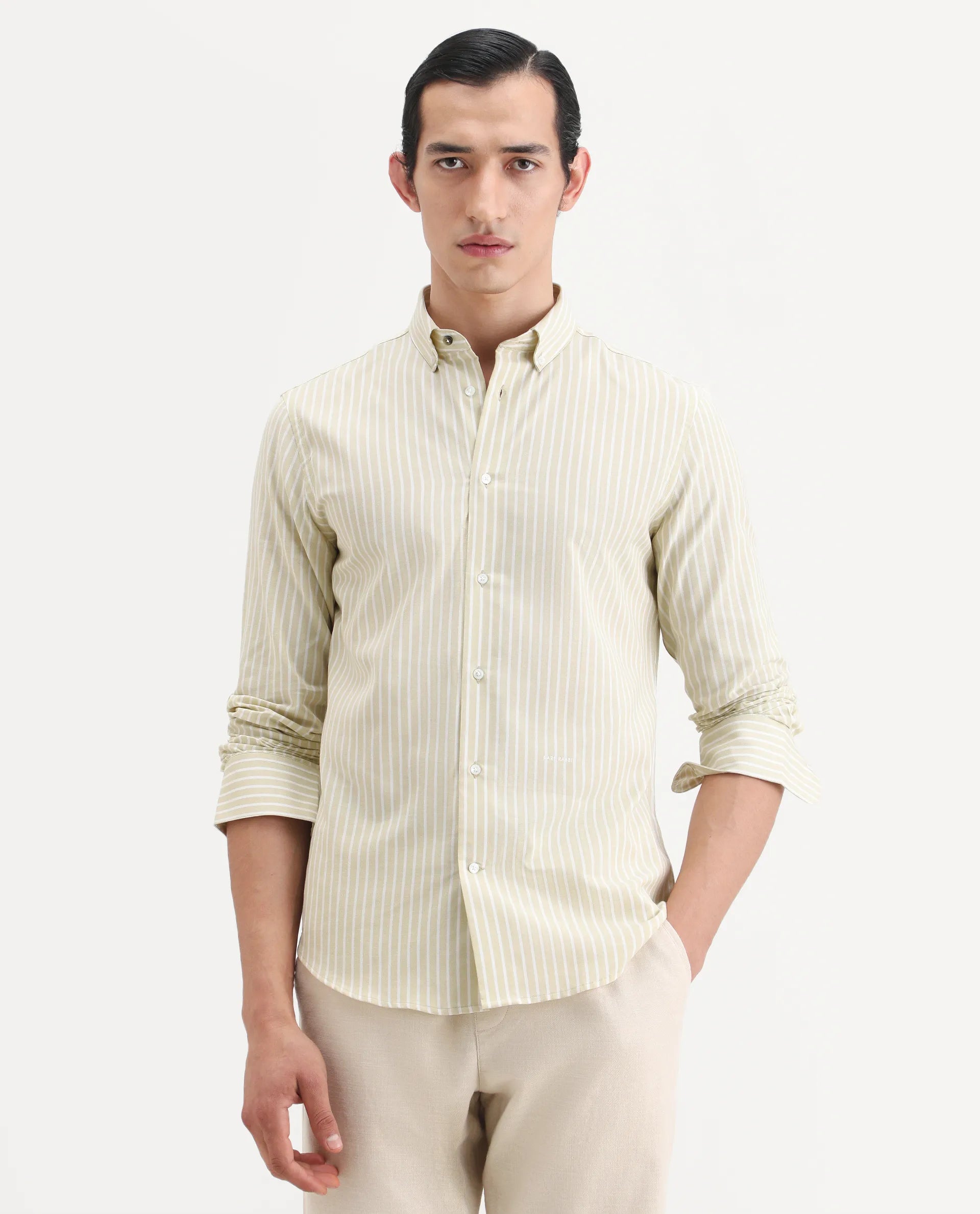 Rare Rabbit Men's Amble Dusky Green Cotton Blend Fabric Spread Collar Regular Fit Striped Shirt